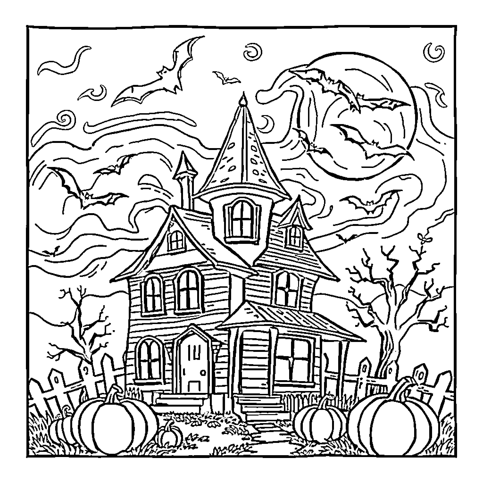 Haunted House with Bats, Pumpkins, and a Spooky Moon Coloring Page (free black-and-white line drawing printable PDF for all, from beginners to advanced learners, including children, teens, adults, and seniors)