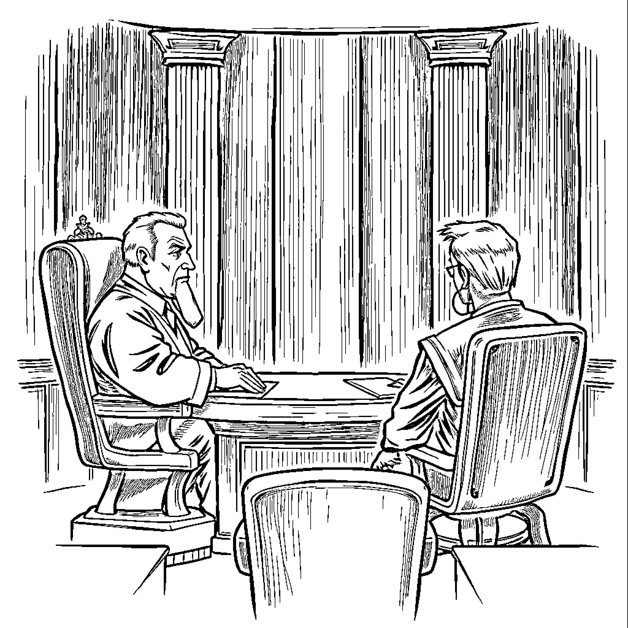 Judge Presiding Over a Court Session Coloring Page (free black-and-white line drawing printable PDF for all, from beginners to advanced learners, including children, teens, adults, and seniors)