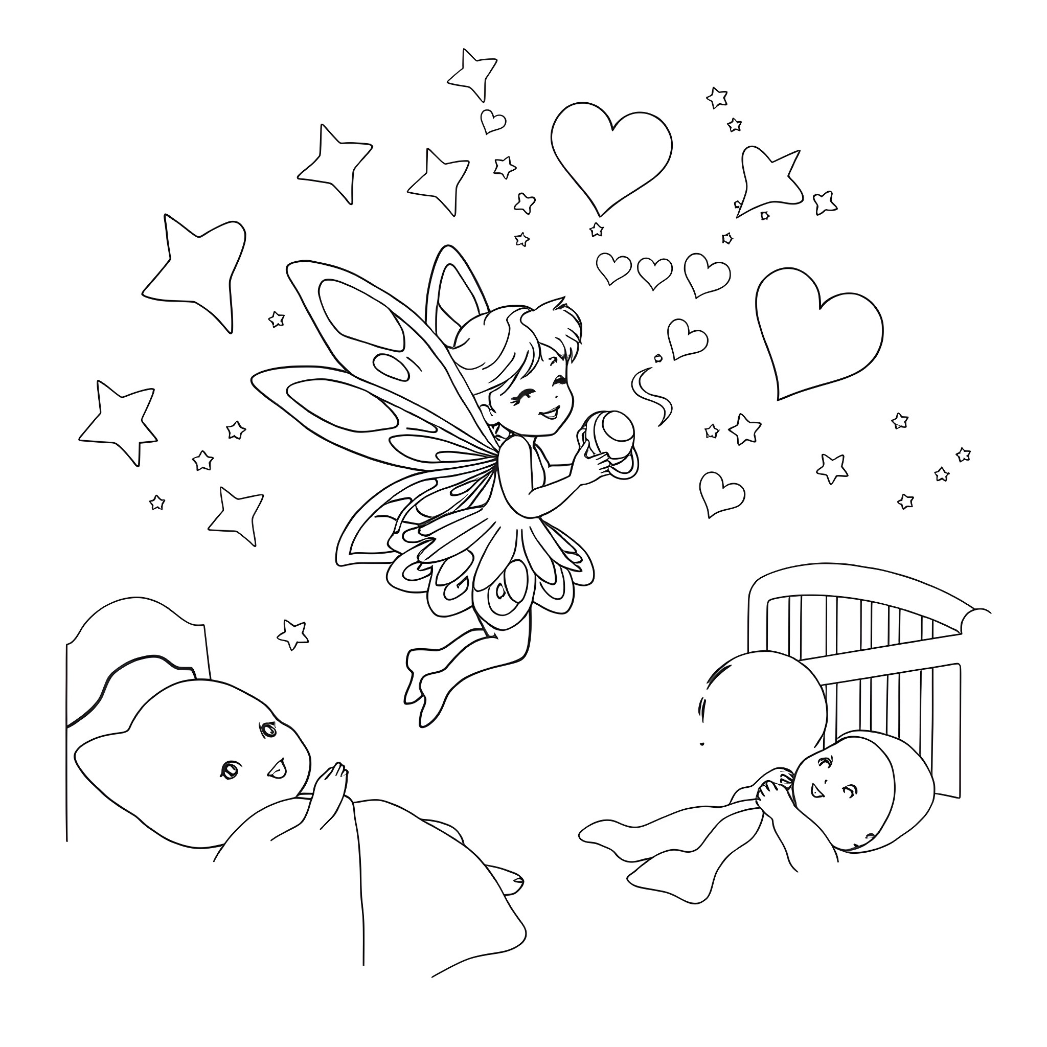 Schnullerfee's Enchanting Fairy Dance Coloring Page (free black-and-white line drawing printable PDF for all, from beginners to advanced learners, including children, teens, adults, and seniors)