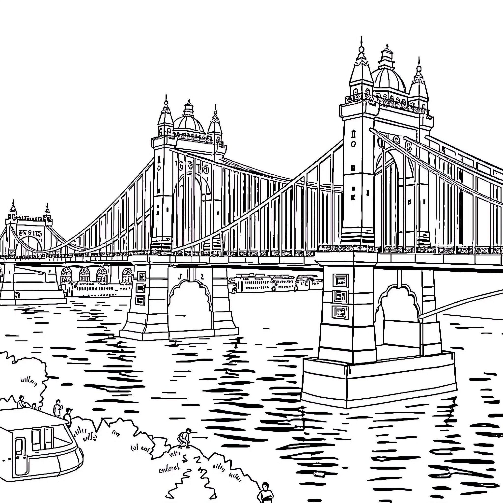 Howrah Bridge with iconic architecture and busy river traffic Coloring Page (free black-and-white line drawing printable PDF for all, from beginners to advanced learners, including children, teens, adults, and seniors)