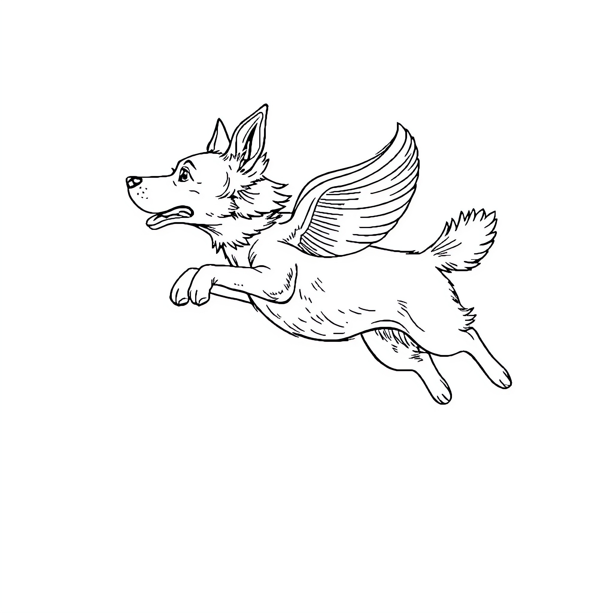 Dog with wings flying in the air Coloring Page (free black-and-white line drawing printable PDF for all, from beginners to advanced learners, including children, teens, adults, and seniors)