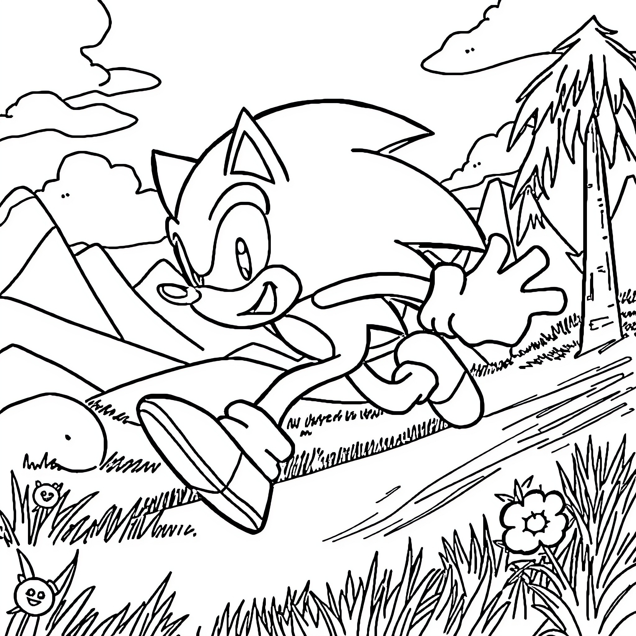 Sonic dashing through a whimsical landscape Coloring Page (free black-and-white line drawing printable PDF for all, from beginners to advanced learners, including children, teens, adults, and seniors)