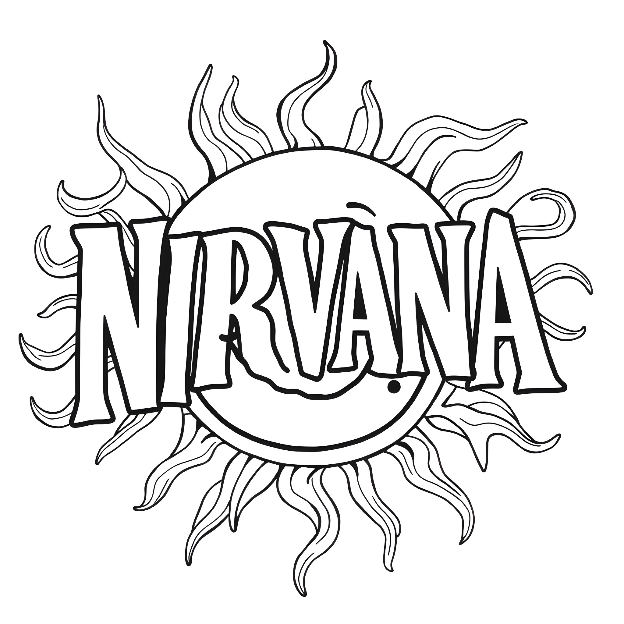 Nirvana - Surreal Sun Design Coloring Page (free black-and-white line drawing printable PDF for all, from beginners to advanced learners, including children, teens, adults, and seniors)
