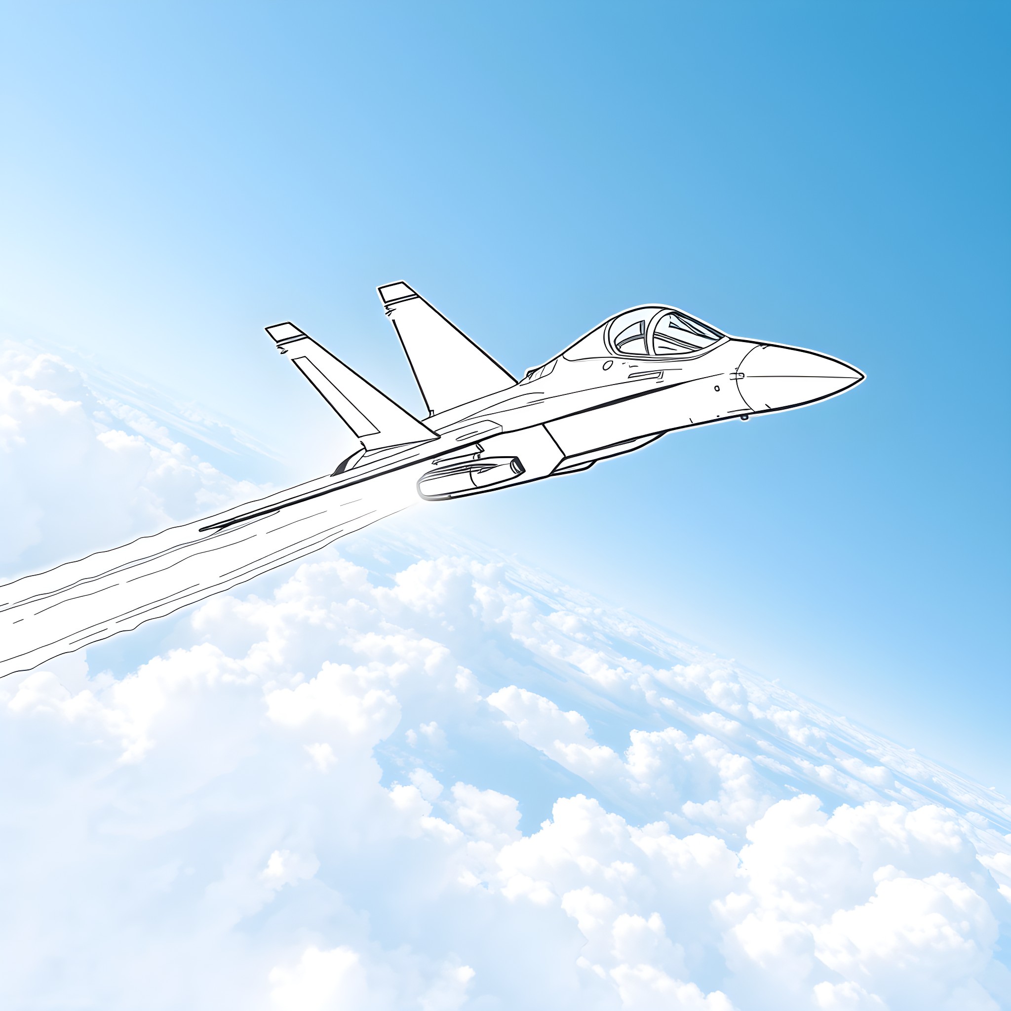 F-18 Fighter Jet Soaring Through Clouds Coloring Page (free black-and-white line drawing printable PDF for all, from beginners to advanced learners, including children, teens, adults, and seniors)