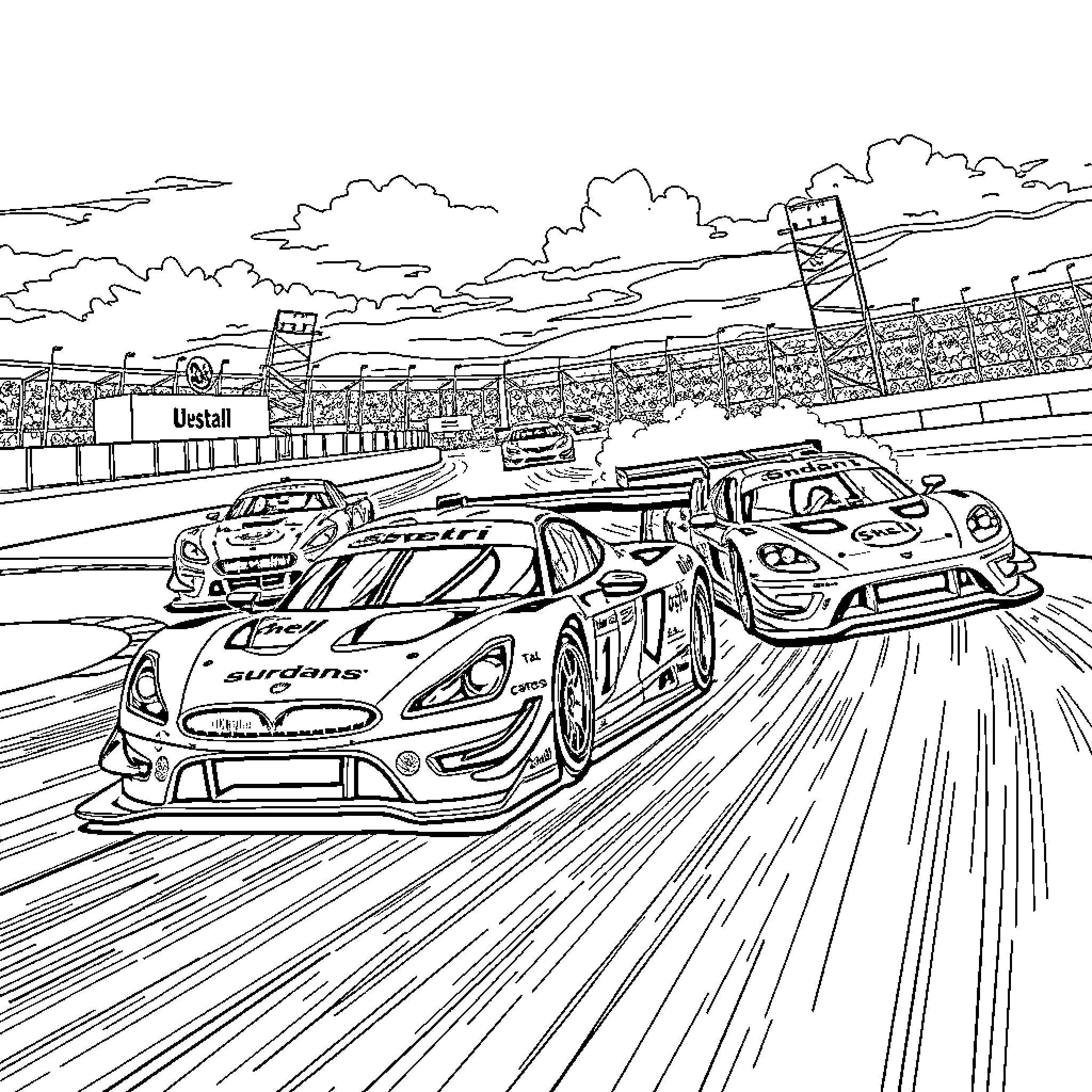 Supercars racing on the racetrack Coloring Page (free black-and-white line drawing printable PDF for all, from beginners to advanced learners, including children, teens, adults, and seniors)