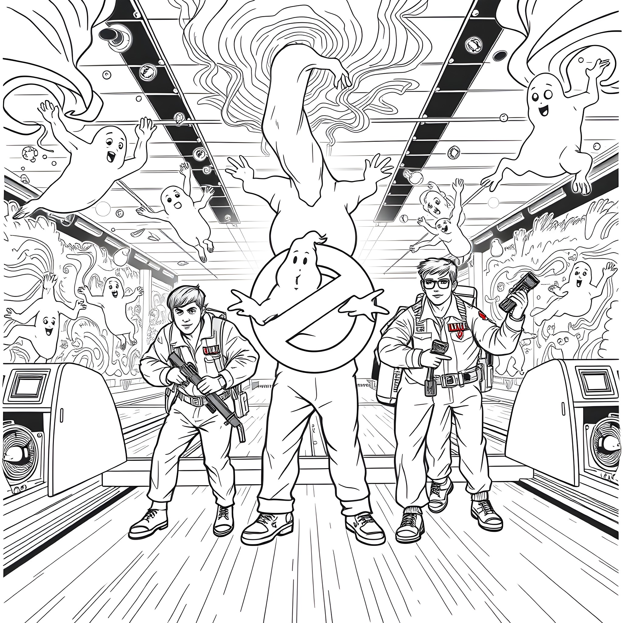 Ghostbusters battling supernatural entities in action-packed scene Coloring Page (free black-and-white line drawing printable PDF for all, from beginners to advanced learners, including children, teens, adults, and seniors)