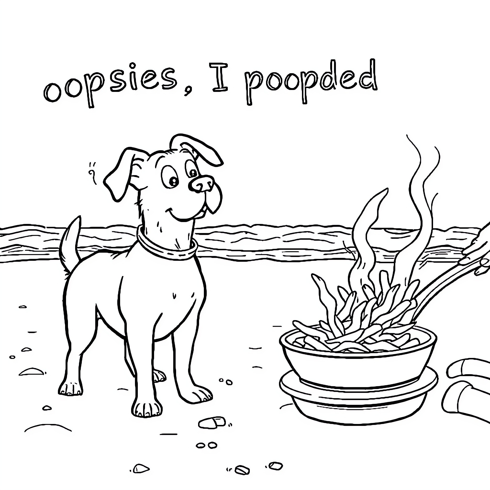 Dog Admits to Accidental Mishap on the Beach Coloring Page (free black-and-white line drawing printable PDF for all, from beginners to advanced learners, including children, teens, adults, and seniors)