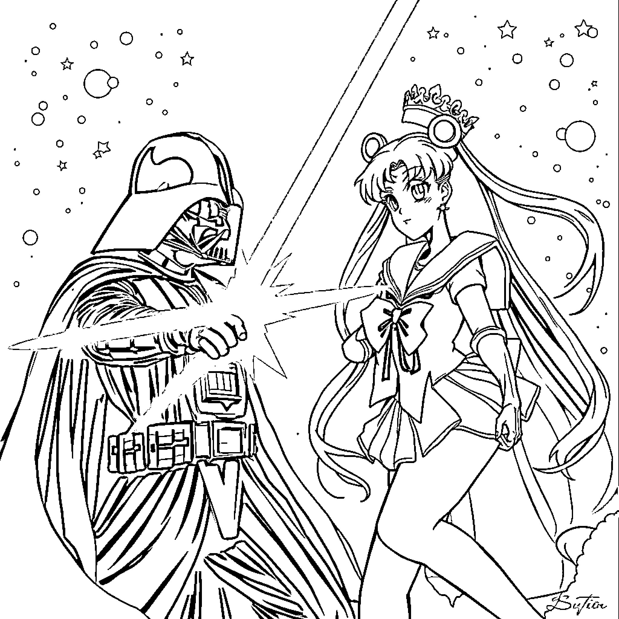 Vader confronts the Moon Princess Coloring Page (free black-and-white line drawing printable PDF for all, from beginners to advanced learners, including children, teens, adults, and seniors)