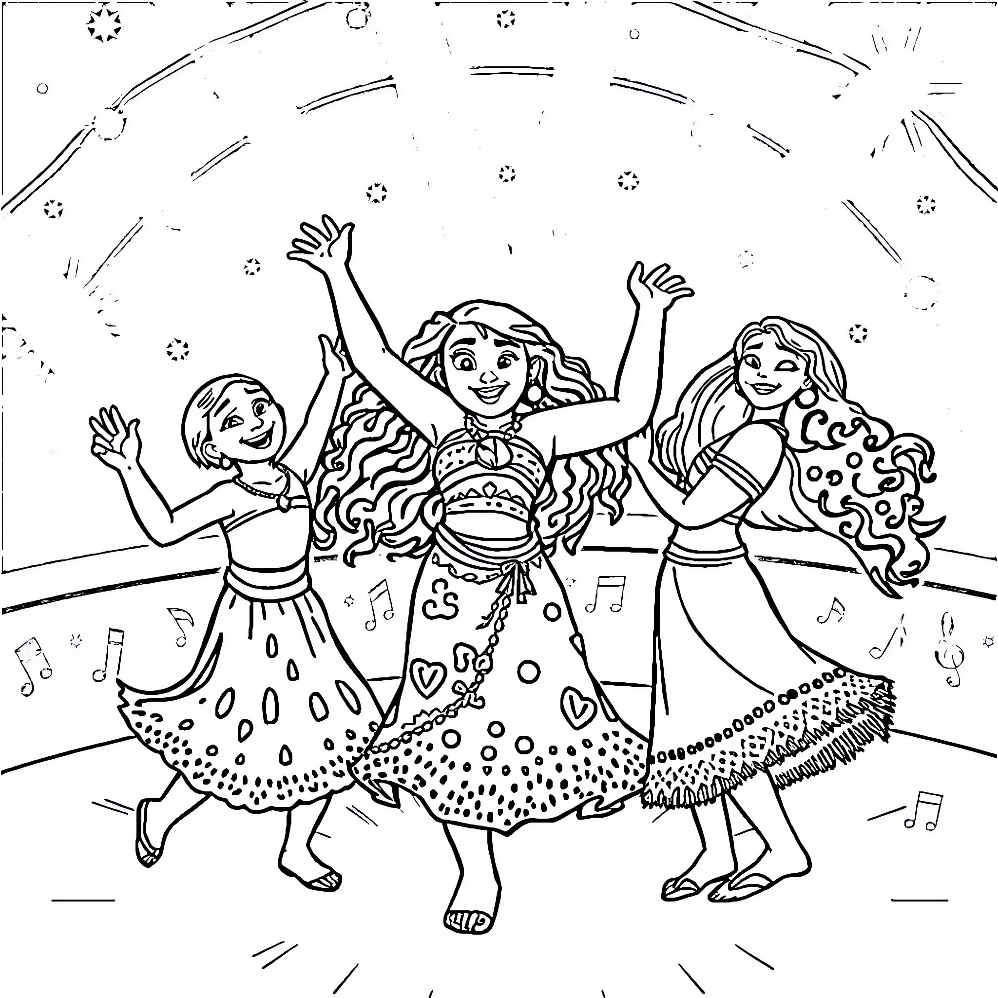 Moana and her friends dancing joyfully Coloring Page (free black-and-white line drawing printable PDF for all, from beginners to advanced learners, including children, teens, adults, and seniors)