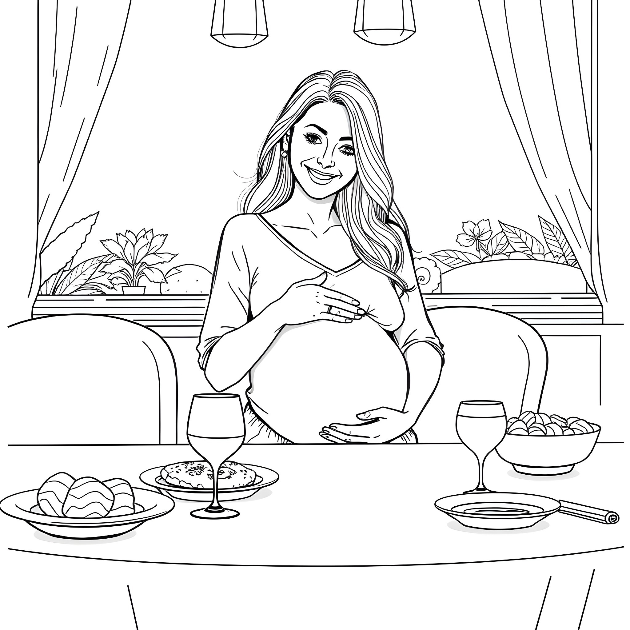 Woman enjoying a relaxing meal during pregnancy Coloring Page (free black-and-white line drawing printable PDF for all, from beginners to advanced learners, including children, teens, adults, and seniors)