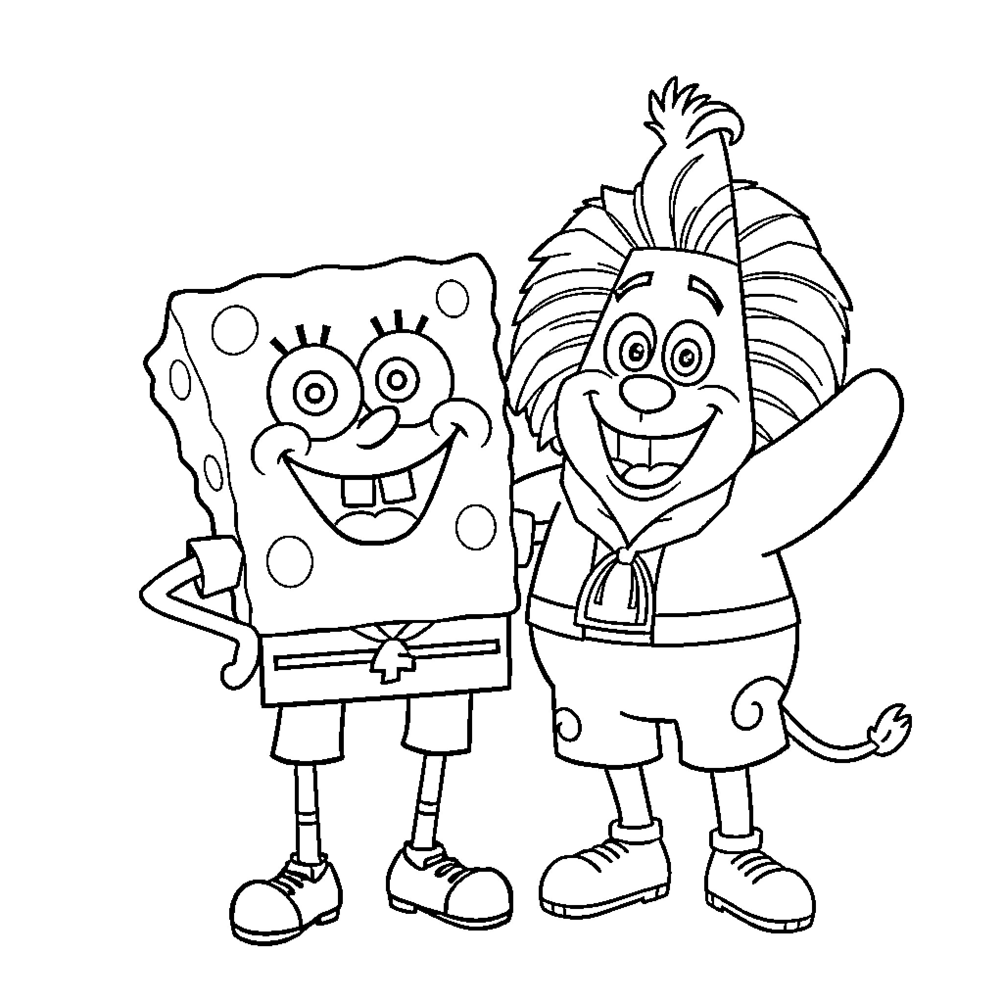 Spongebob and Patrick having fun together Coloring Page (free black-and-white line drawing printable PDF for all, from beginners to advanced learners, including children, teens, adults, and seniors)