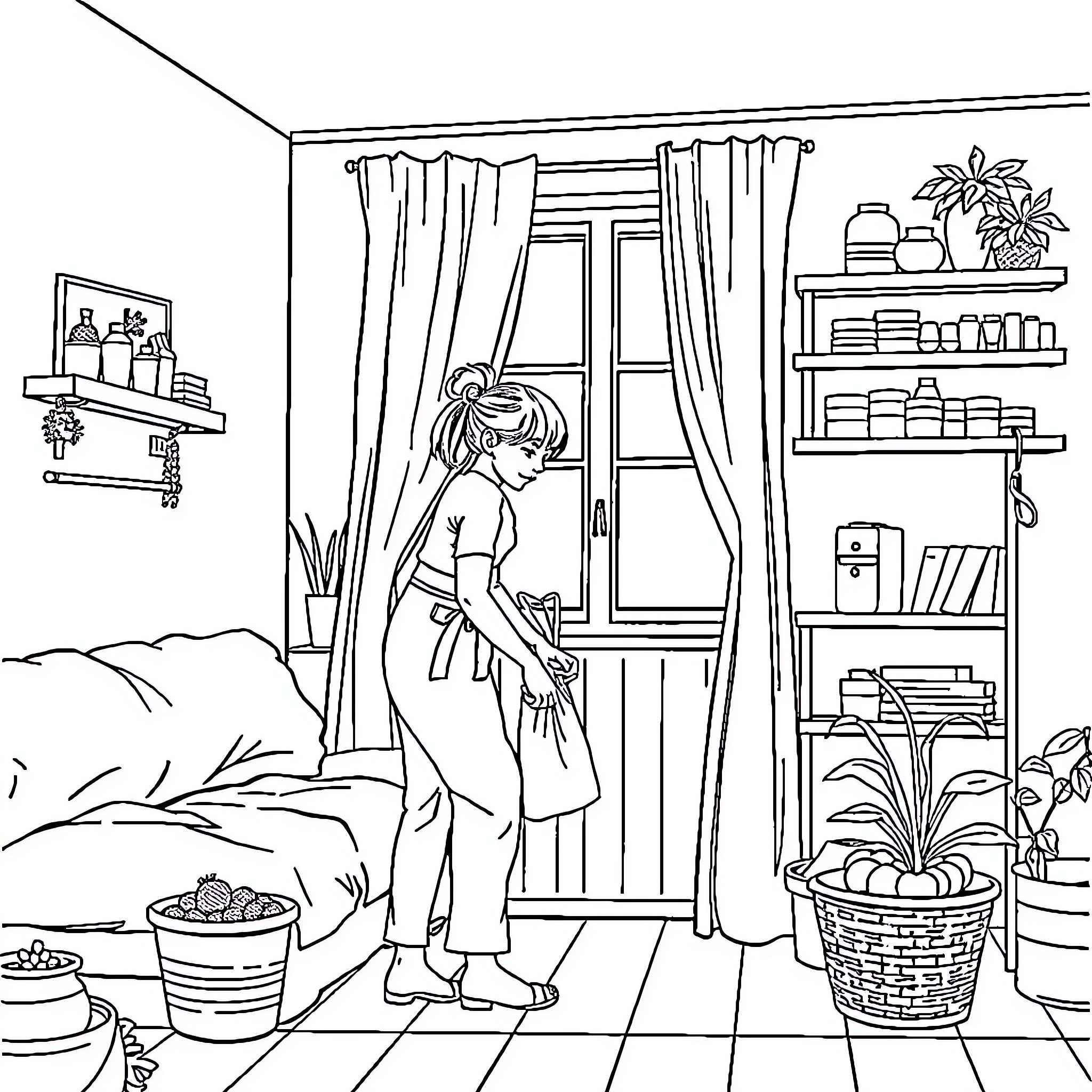 Cleaning a Cozy Home Interior Coloring Page (free black-and-white line drawing printable PDF for all, from beginners to advanced learners, including children, teens, adults, and seniors)