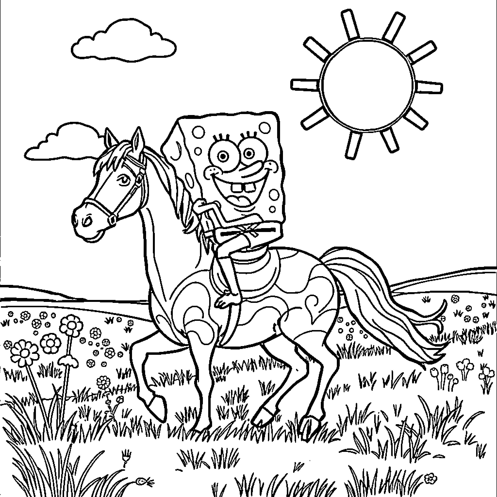 Spongebob riding a horse in a sunny field Coloring Page (free black-and-white line drawing printable PDF for all, from beginners to advanced learners, including children, teens, adults, and seniors)