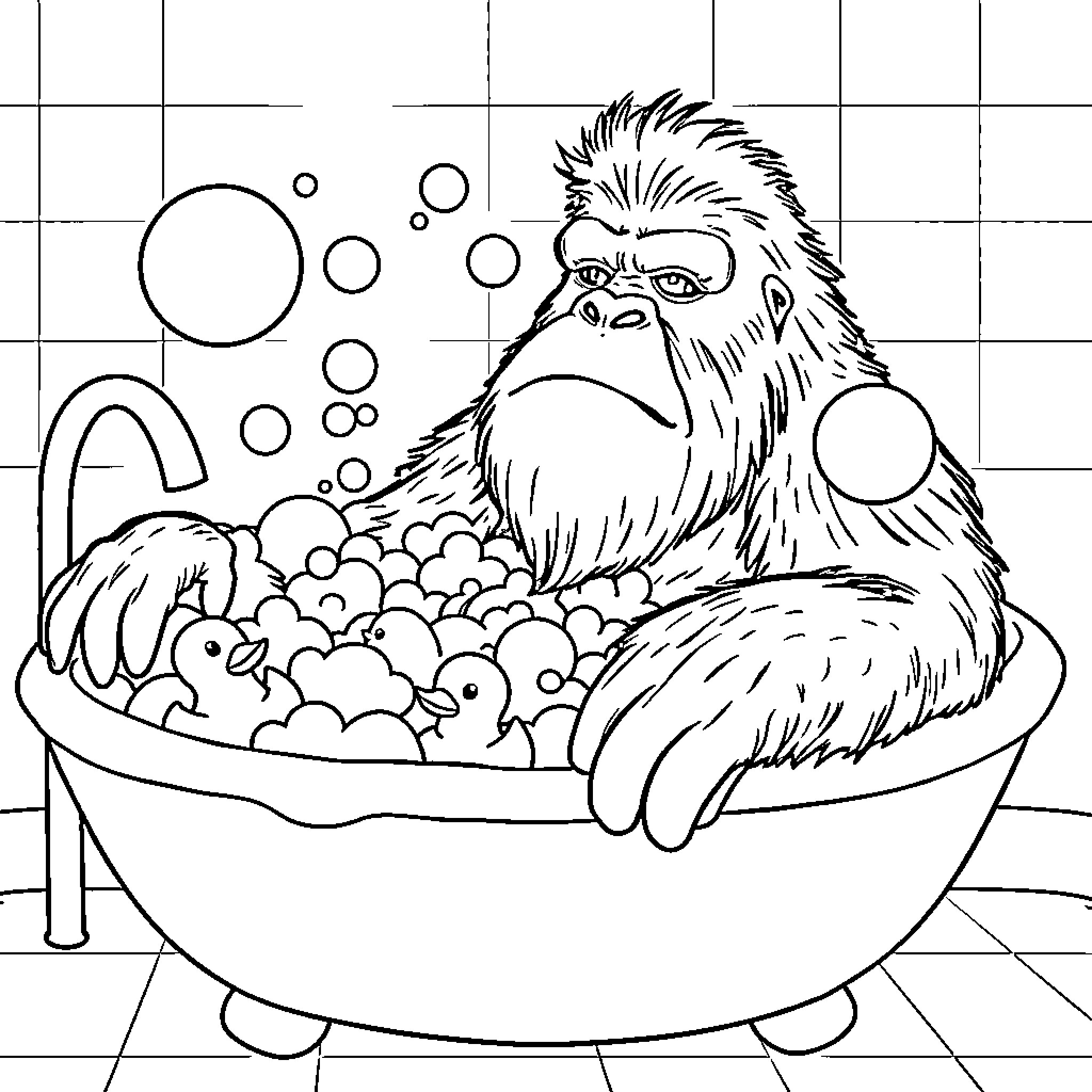 Bigfoot Relaxing in a Bubble Bath Coloring Page (free black-and-white line drawing printable PDF for all, from beginners to advanced learners, including children, teens, adults, and seniors)