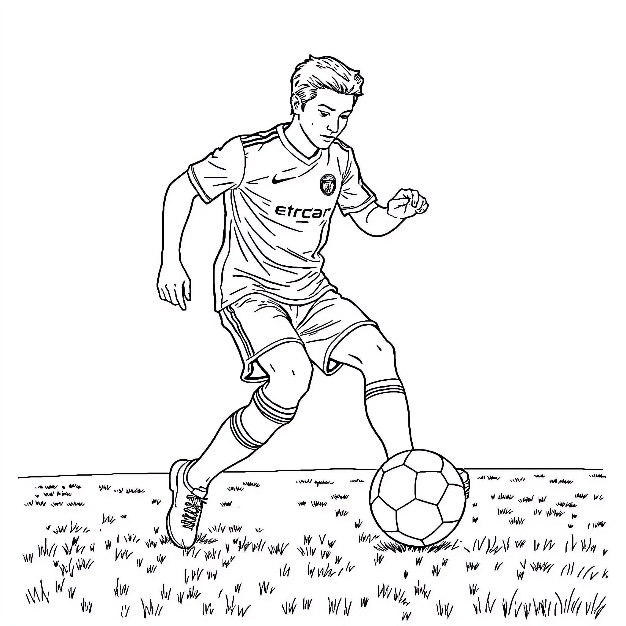 Soccer Player Dribbling Ball on Grassy Field Coloring Page (free black-and-white line drawing printable PDF for all, from beginners to advanced learners, including children, teens, adults, and seniors)