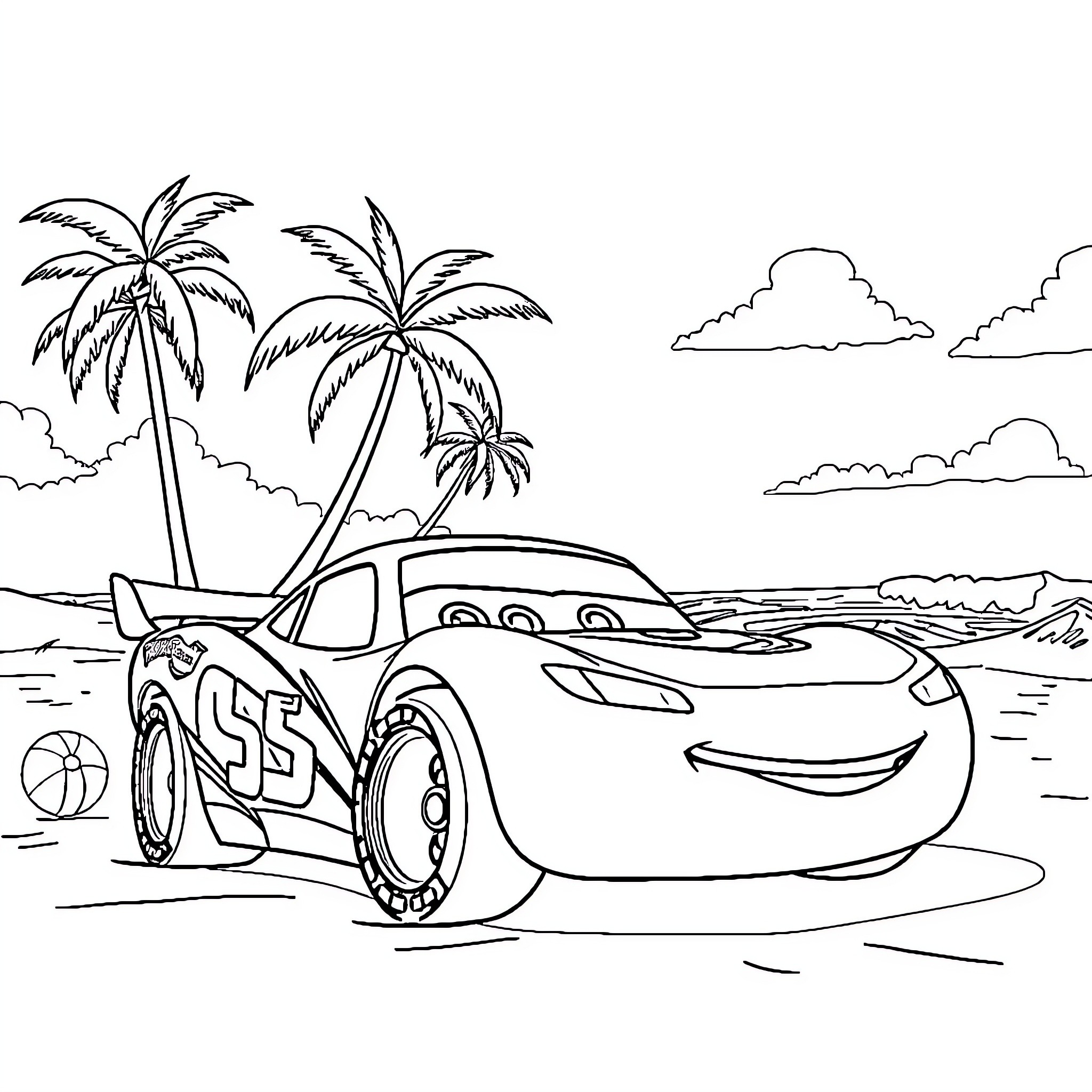 Sports Car on Tropical Beach with Palm Trees Coloring Page (free black-and-white line drawing printable PDF for all, from beginners to advanced learners, including children, teens, adults, and seniors)