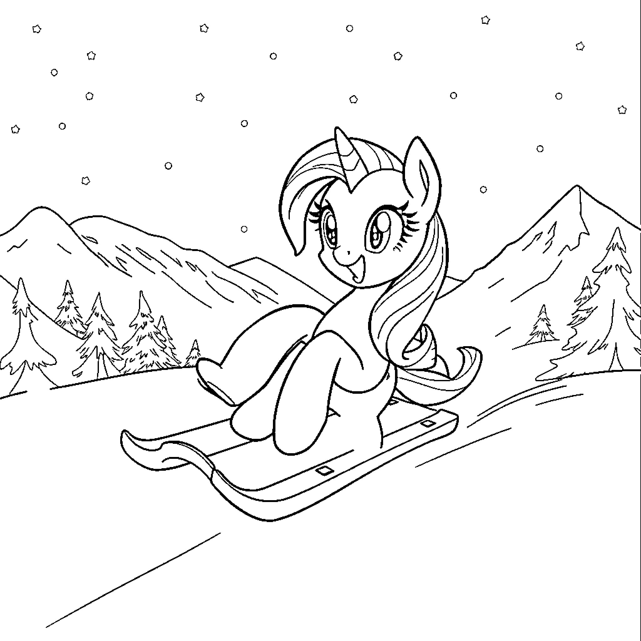 Twilight Sparkle enjoying winter sports in the mountains Coloring Page (free black-and-white line drawing printable PDF for all, from beginners to advanced learners, including children, teens, adults, and seniors)