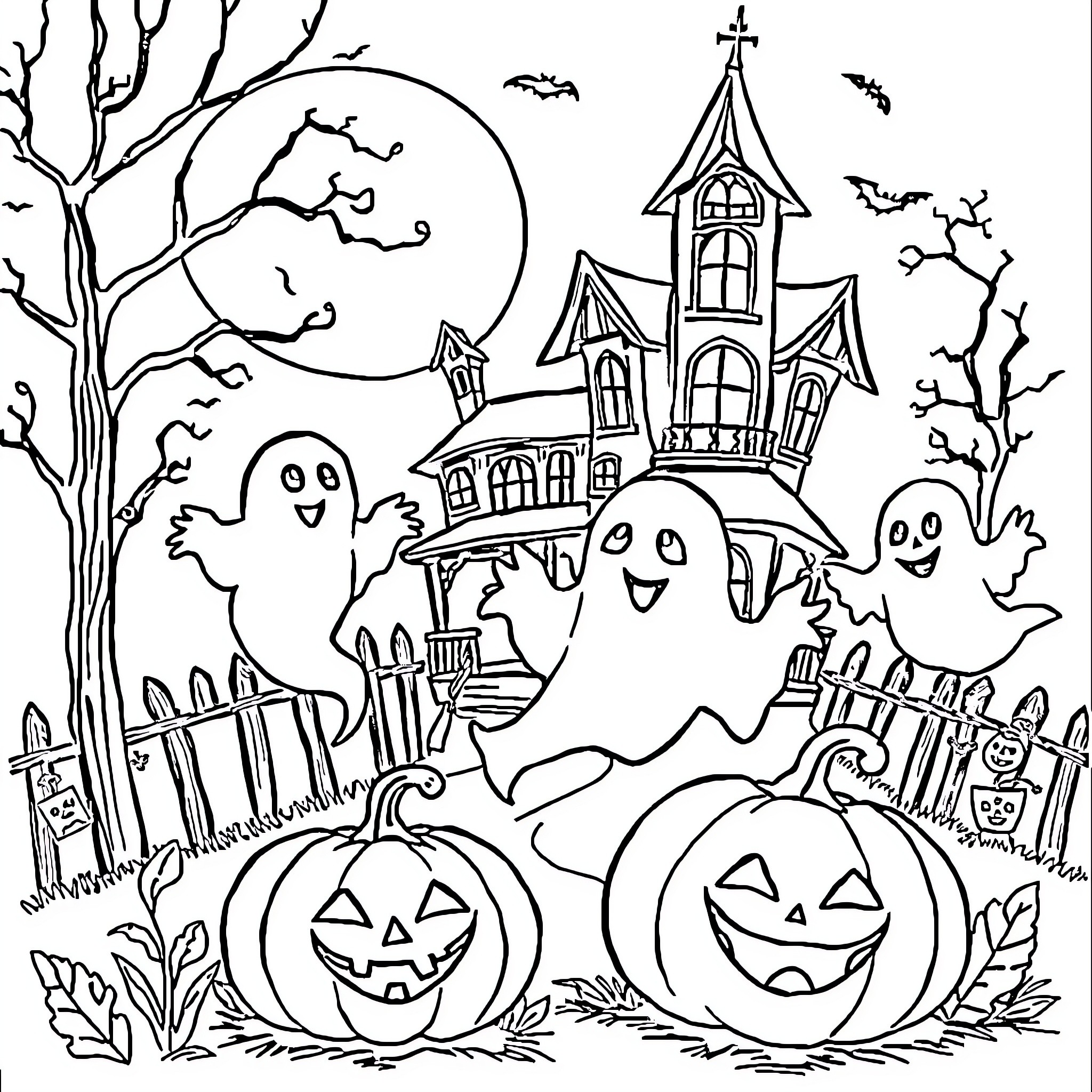 Halloween Ghost and Pumpkin Scene Coloring Page (free black-and-white line drawing printable PDF for all, from beginners to advanced learners, including children, teens, adults, and seniors)