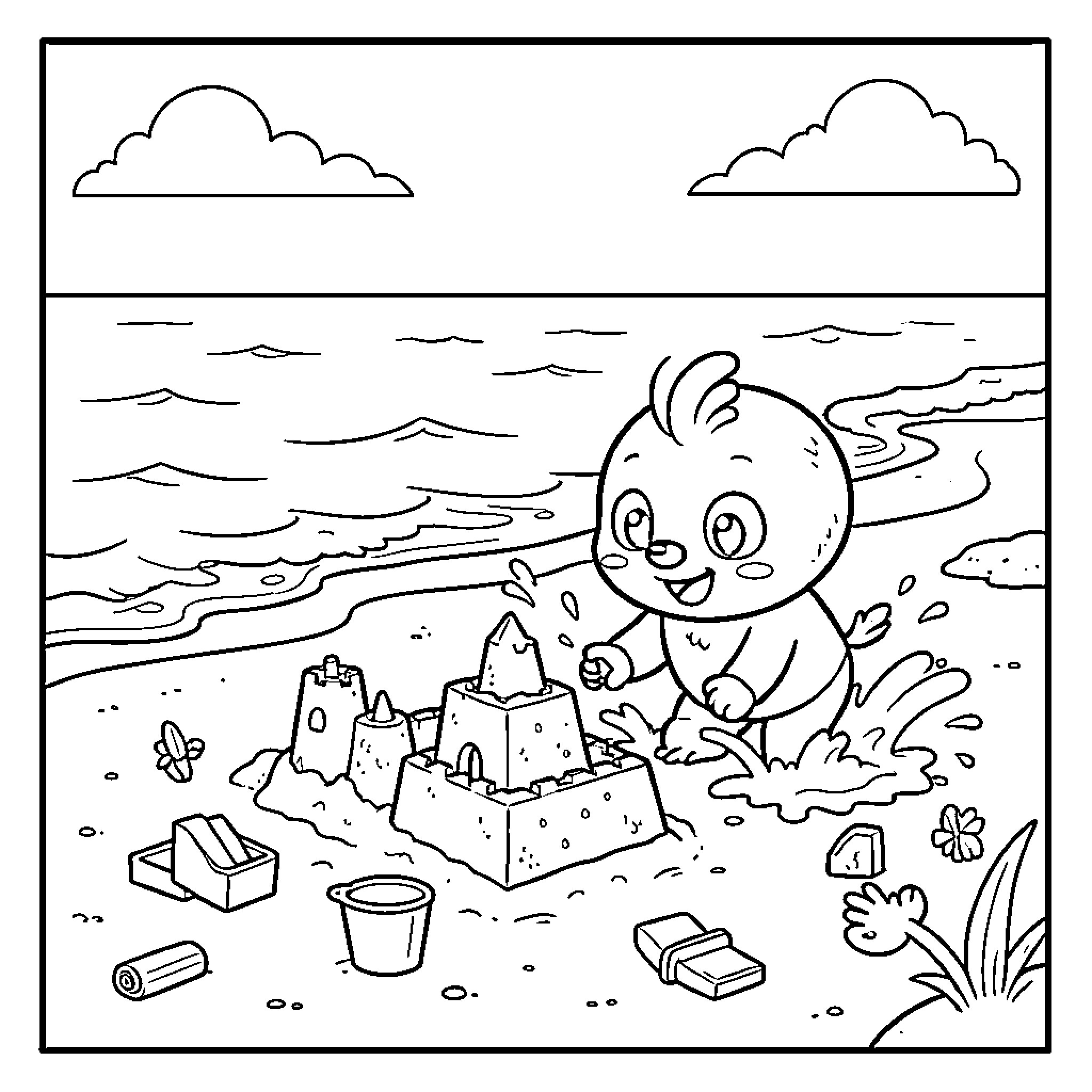 Tchoupi building a sandcastle on the beach Coloring Page (free black-and-white line drawing printable PDF for all, from beginners to advanced learners, including children, teens, adults, and seniors)