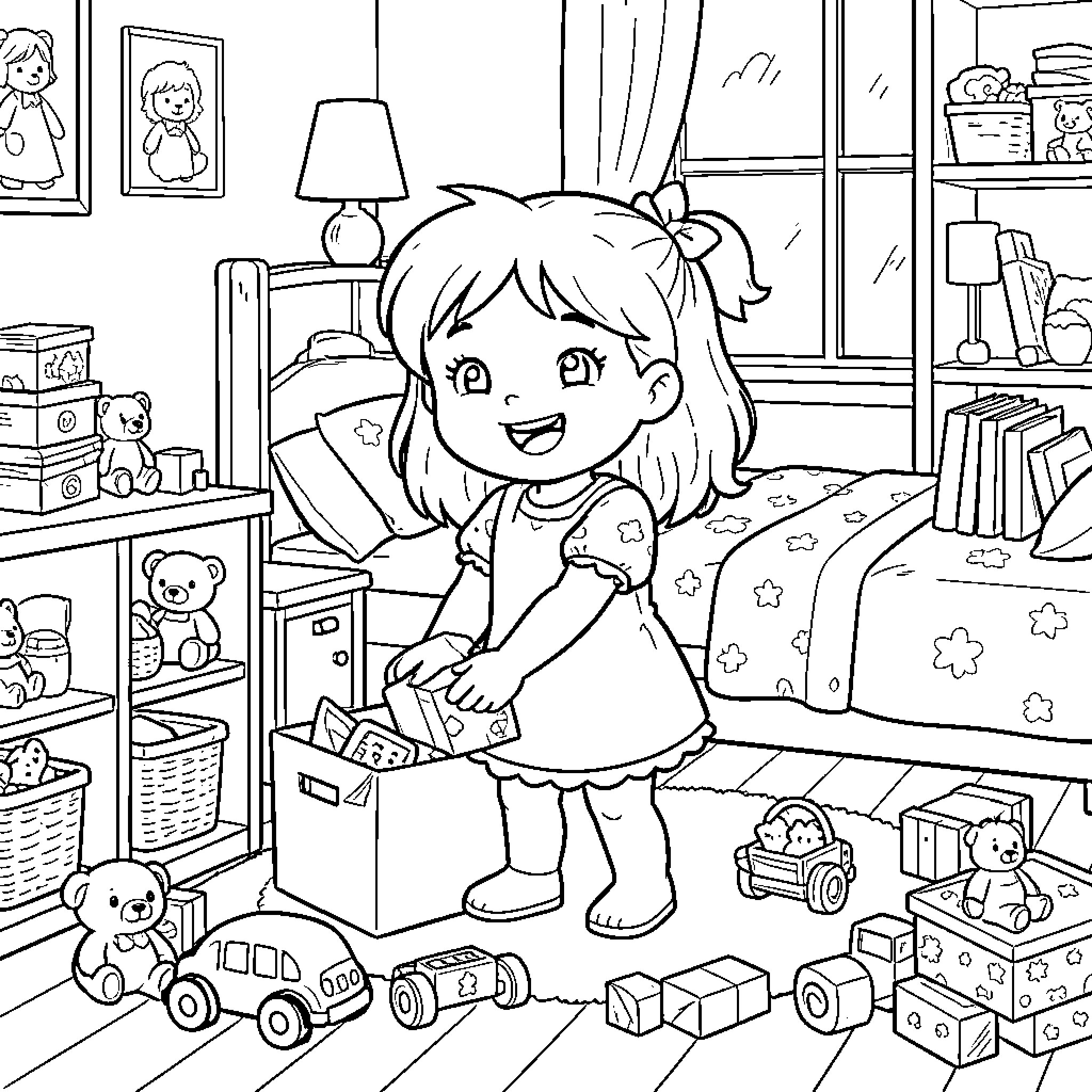 Girl Playing with Toys in Her Room Coloring Page (free black-and-white line drawing printable PDF for all, from beginners to advanced learners, including children, teens, adults, and seniors)