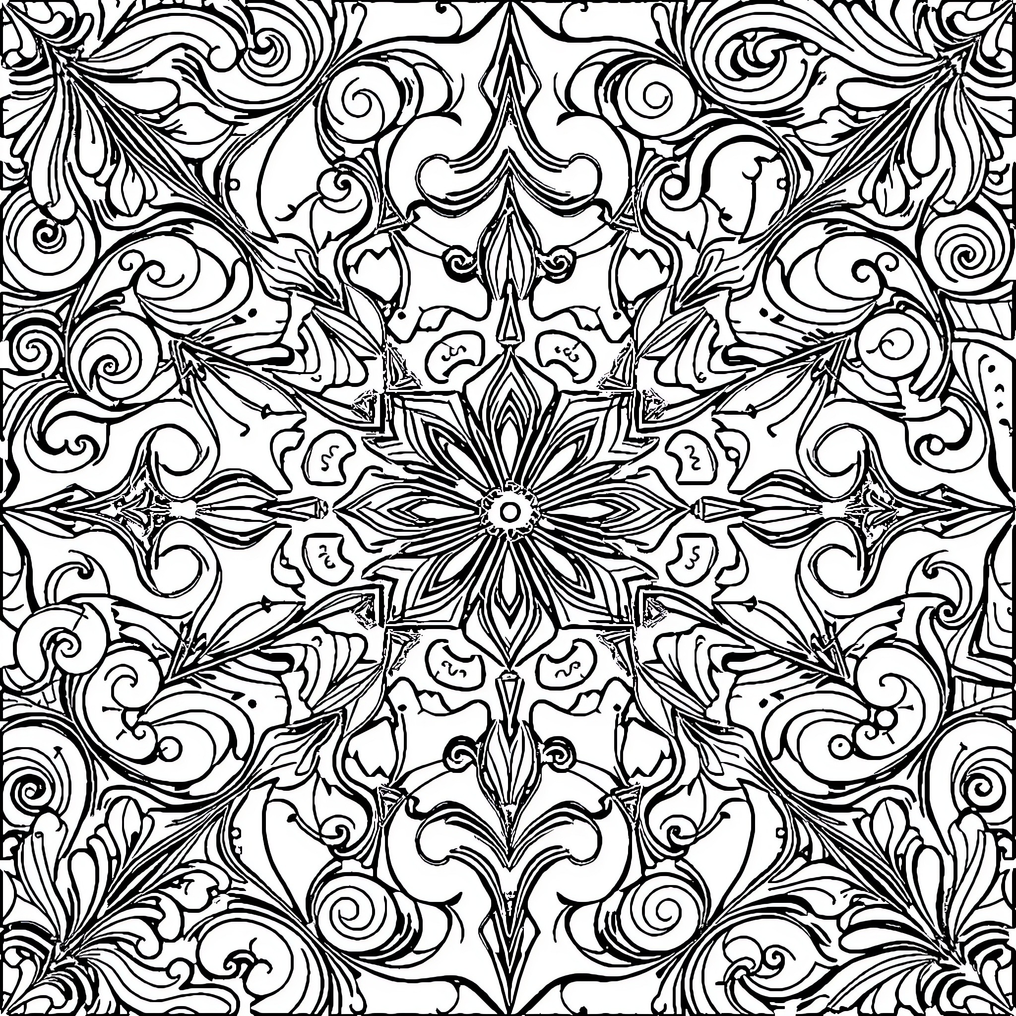 Pattern of Intricate Floral Designs Coloring Page (free black-and-white line drawing printable PDF for all, from beginners to advanced learners, including children, teens, adults, and seniors)