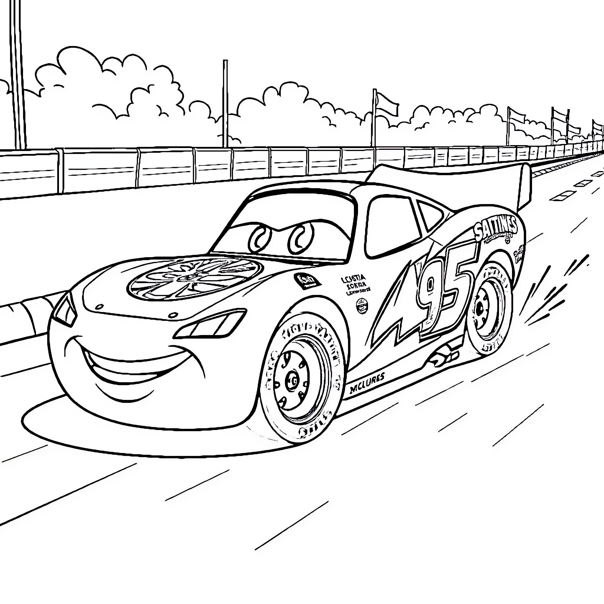 Lightning McQueen racing on the track Coloring Page (free black-and-white line drawing printable PDF for all, from beginners to advanced learners, including children, teens, adults, and seniors)