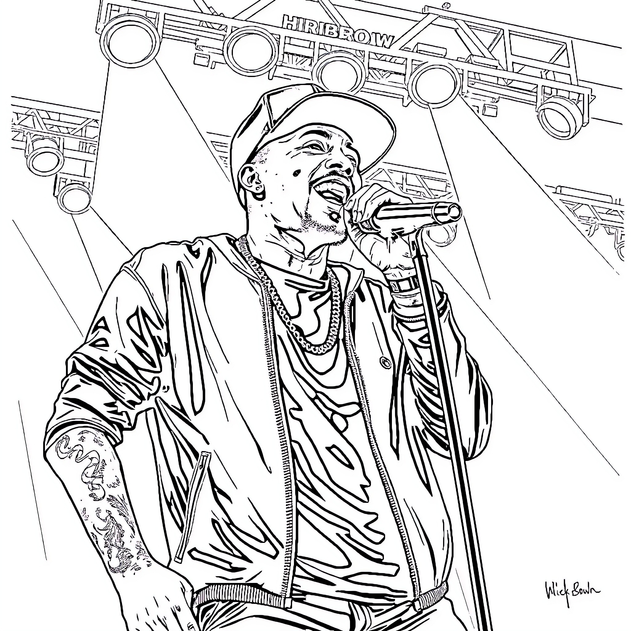 Chris Brown Performing Energetically on Stage Coloring Page (free black-and-white line drawing printable PDF for all, from beginners to advanced learners, including children, teens, adults, and seniors)
