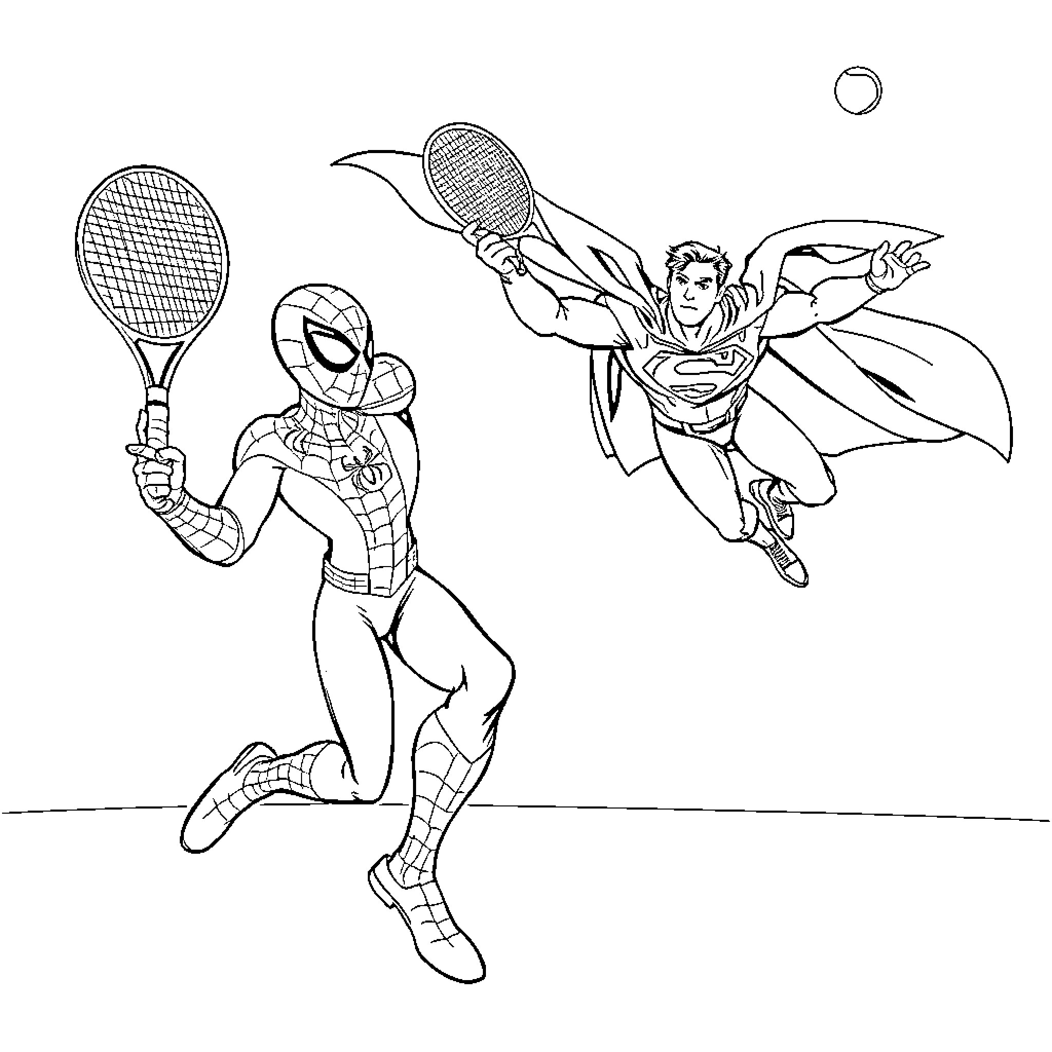 Spiderman and Superman playing tennis together Coloring Page (free black-and-white line drawing printable PDF for all, from beginners to advanced learners, including children, teens, adults, and seniors)