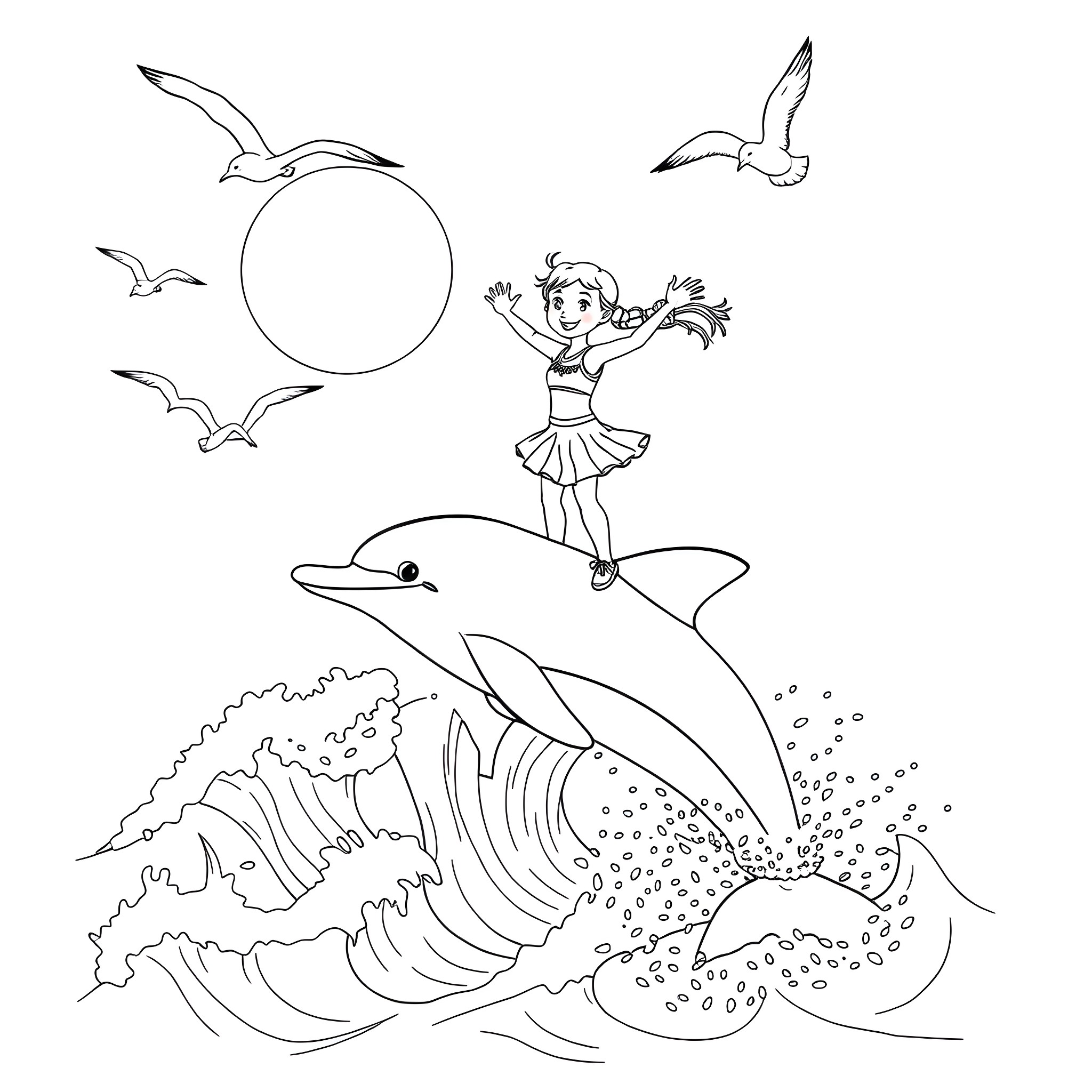 Cheerleader dancing on waves with dolphins and seagulls Coloring Page (free black-and-white line drawing printable PDF for all, from beginners to advanced learners, including children, teens, adults, and seniors)