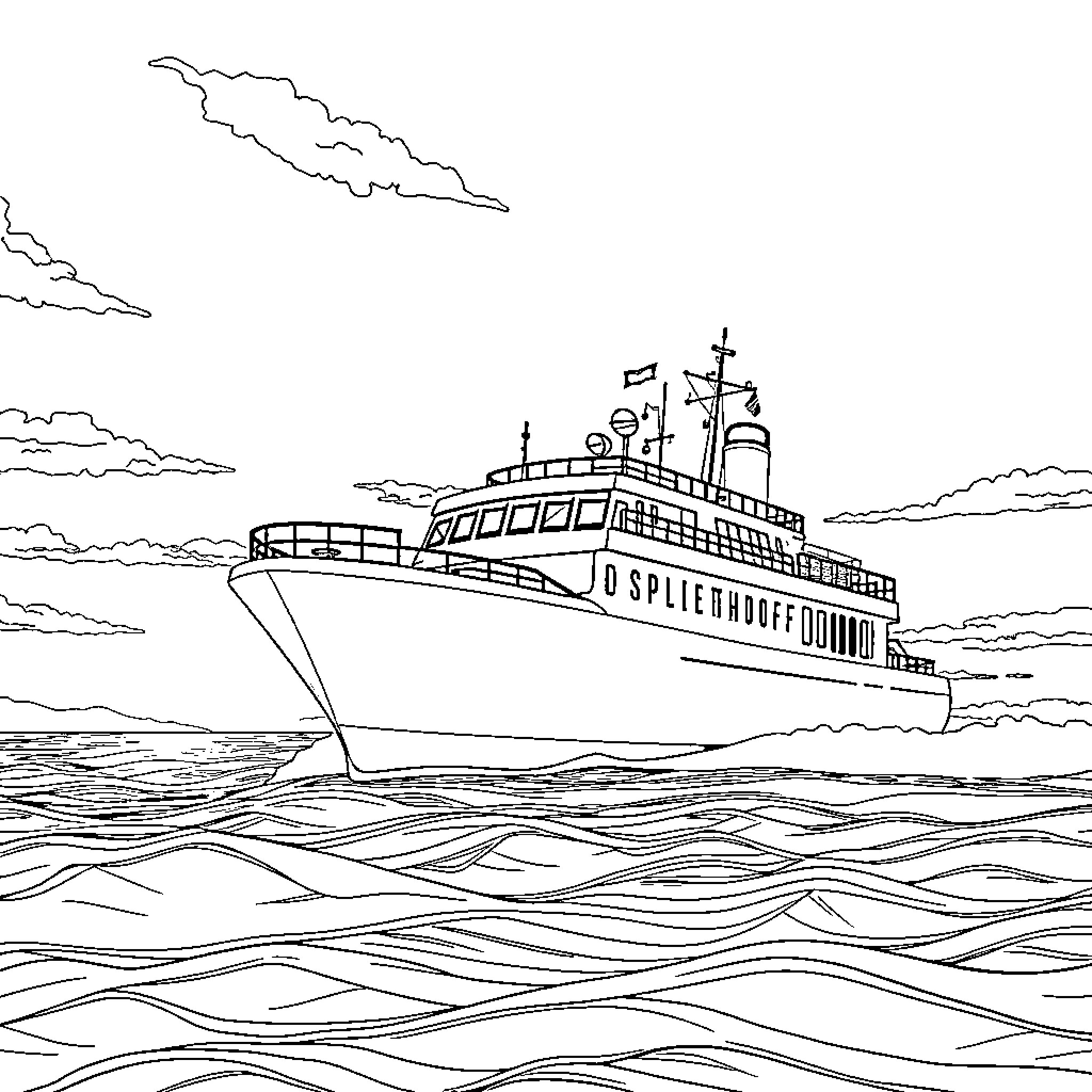 Vessel sailing across the open sea Coloring Page (free black-and-white line drawing printable PDF for all, from beginners to advanced learners, including children, teens, adults, and seniors)