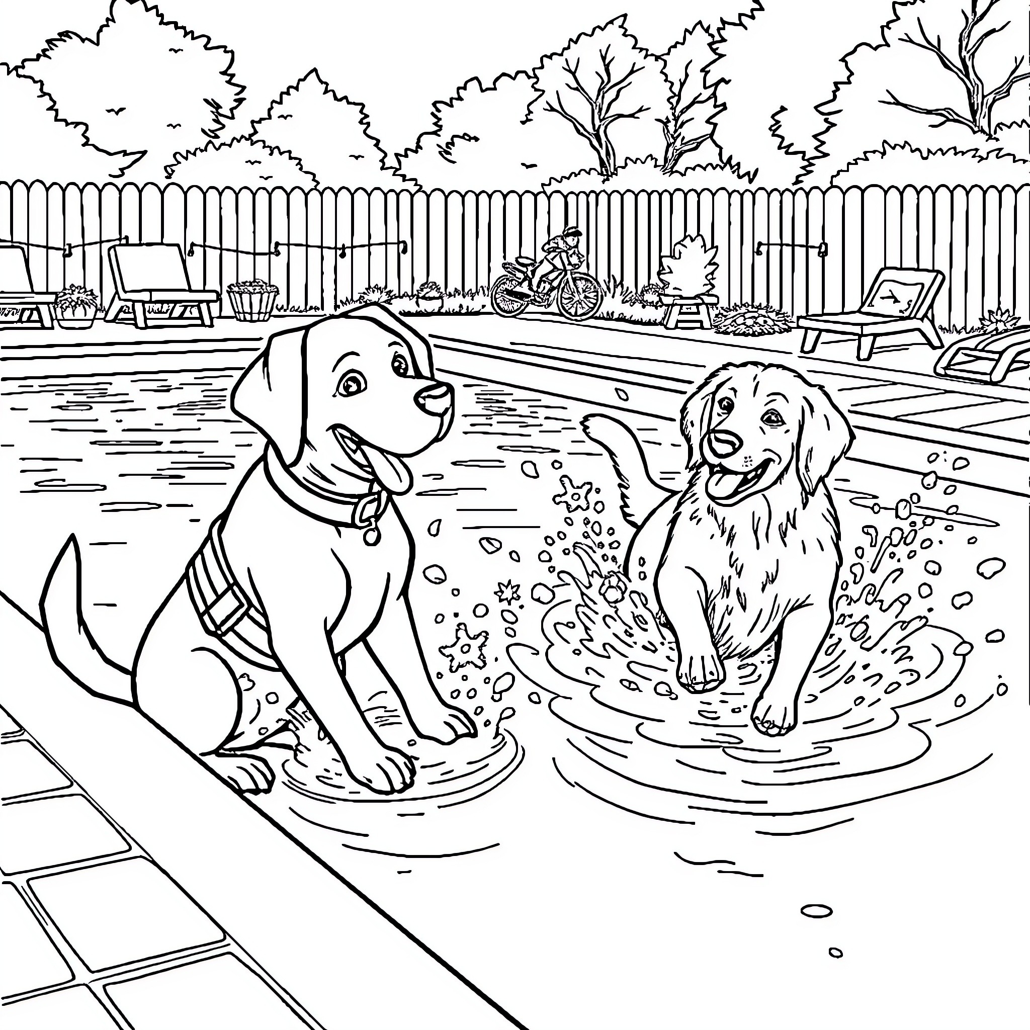Dogs Playing in Pool on a Summer Day Coloring Page (free black-and-white line drawing printable PDF for all, from beginners to advanced learners, including children, teens, adults, and seniors)
