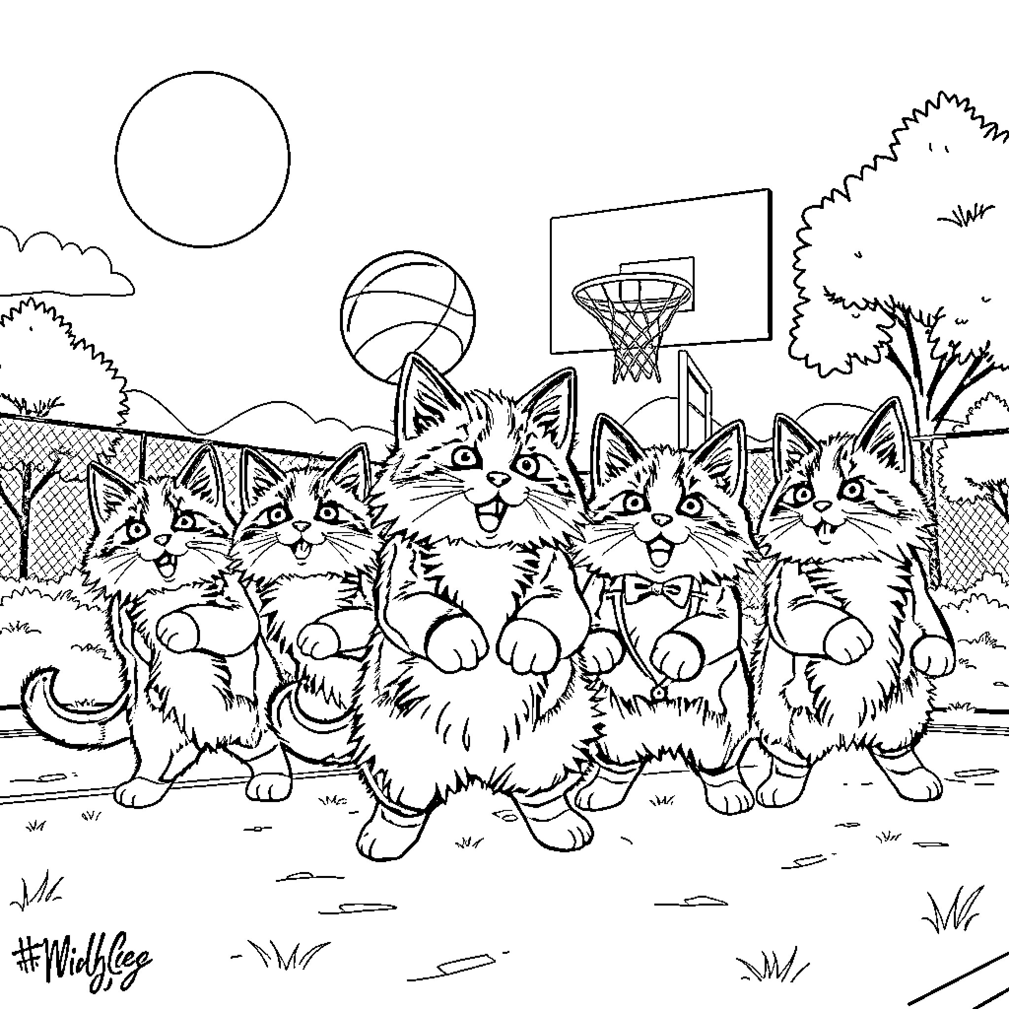Cats playing basketball on a court Coloring Page (free black-and-white line drawing printable PDF for all, from beginners to advanced learners, including children, teens, adults, and seniors)