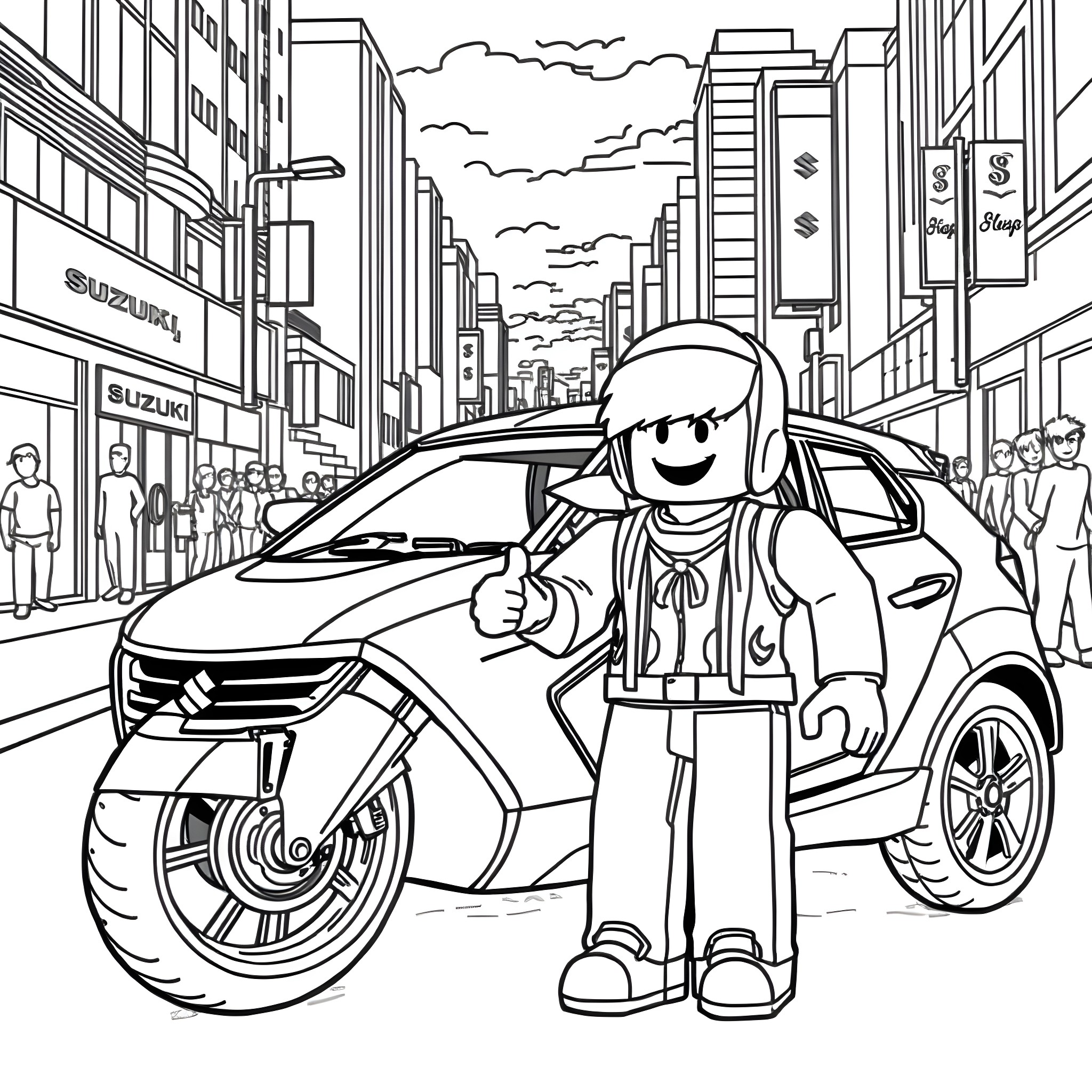 Roblox Character exploring the city with a car Coloring Page (free black-and-white line drawing printable PDF for all, from beginners to advanced learners, including children, teens, adults, and seniors)