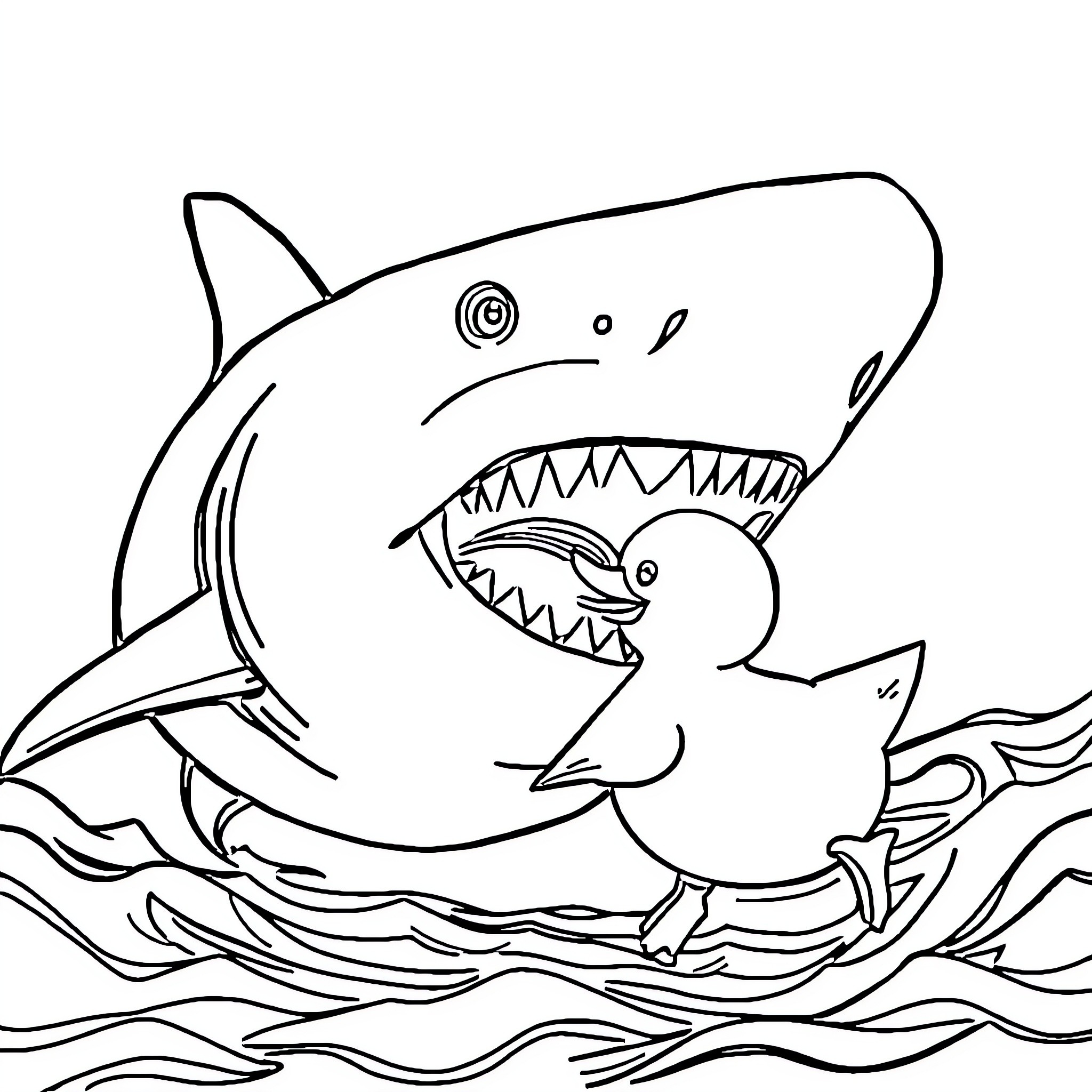 Shark attacking prey in the ocean Coloring Page (free black-and-white line drawing printable PDF for all, from beginners to advanced learners, including children, teens, adults, and seniors)