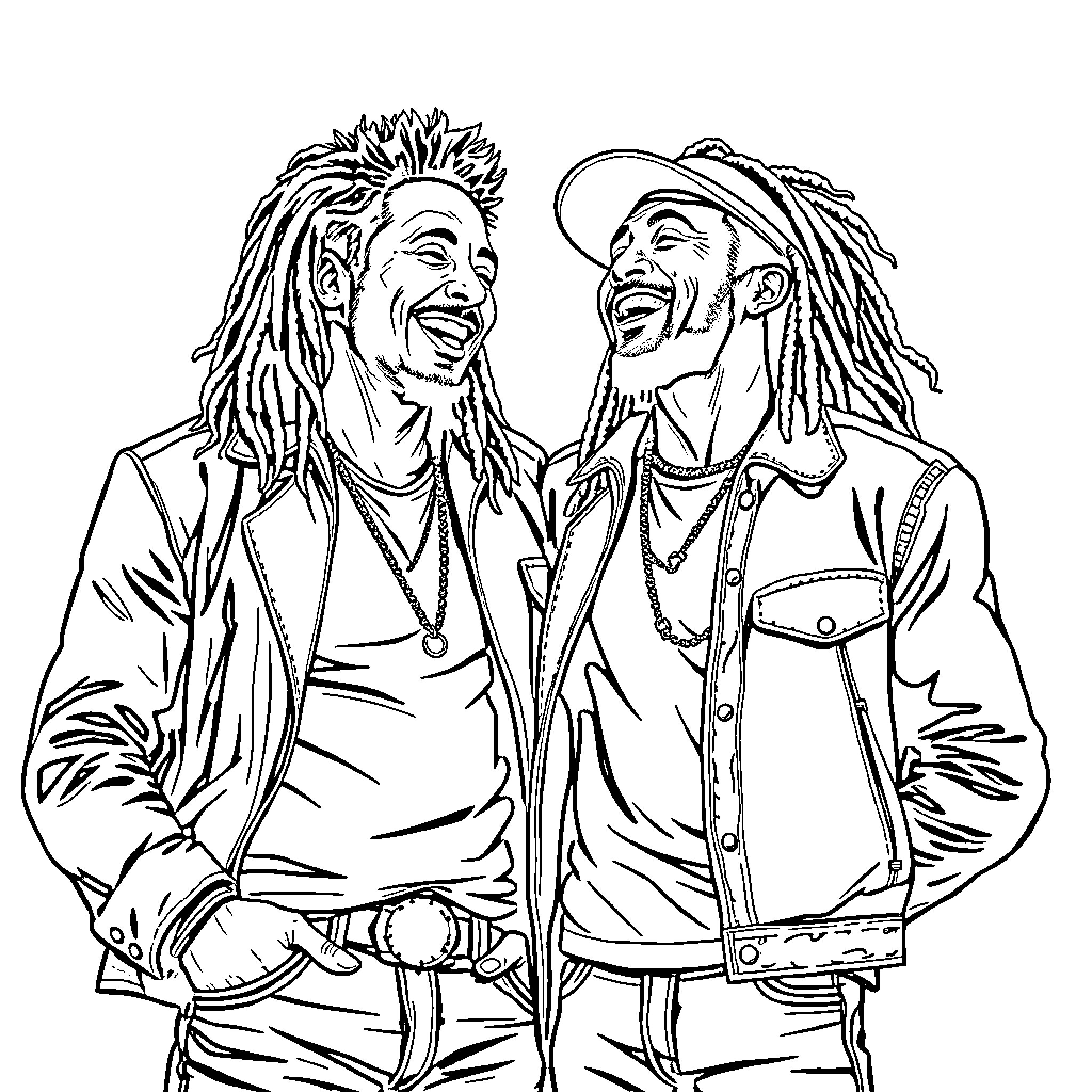 Tony Montana - Two men sharing a laughter-filled moment Coloring Page (free black-and-white line drawing printable PDF for all, from beginners to advanced learners, including children, teens, adults, and seniors)