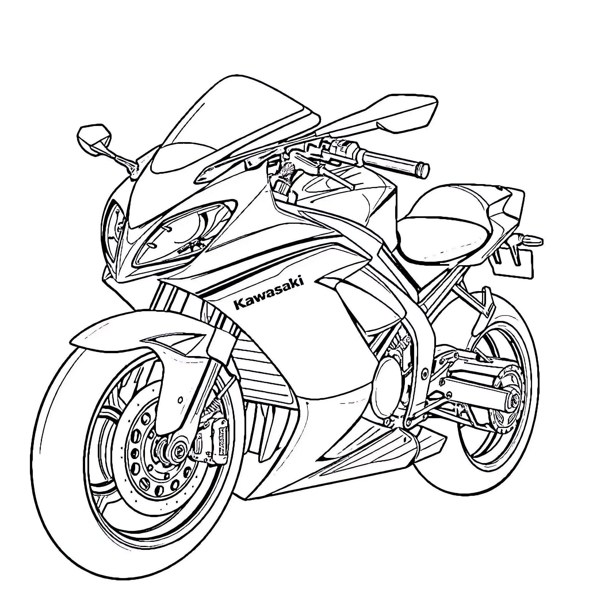 Kawasaki H2R motorcycle in motion Coloring Page (free black-and-white line drawing printable PDF for all, from beginners to advanced learners, including children, teens, adults, and seniors)