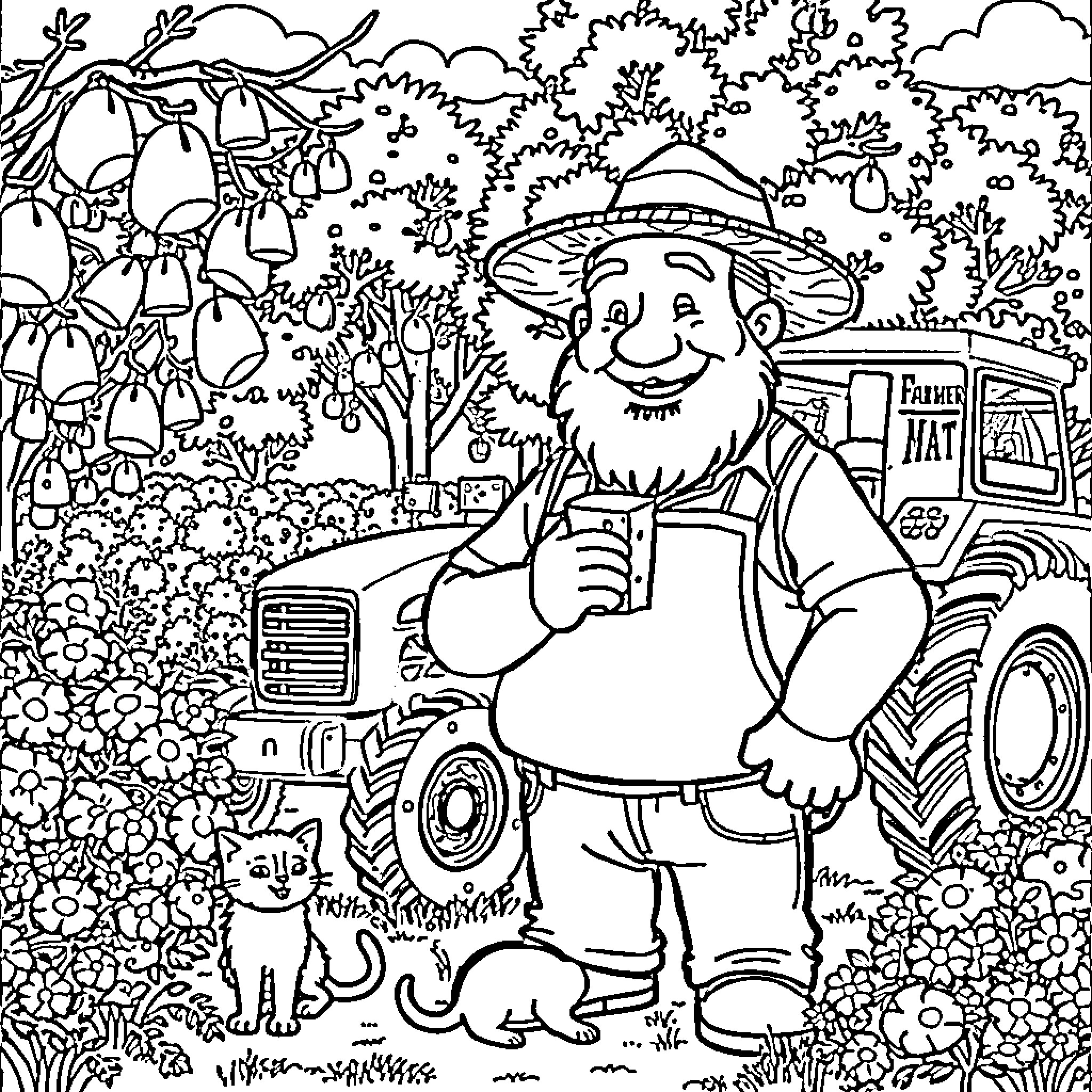 Farmer with animals and tractor in the countryside Coloring Page (free black-and-white line drawing printable PDF for all, from beginners to advanced learners, including children, teens, adults, and seniors)