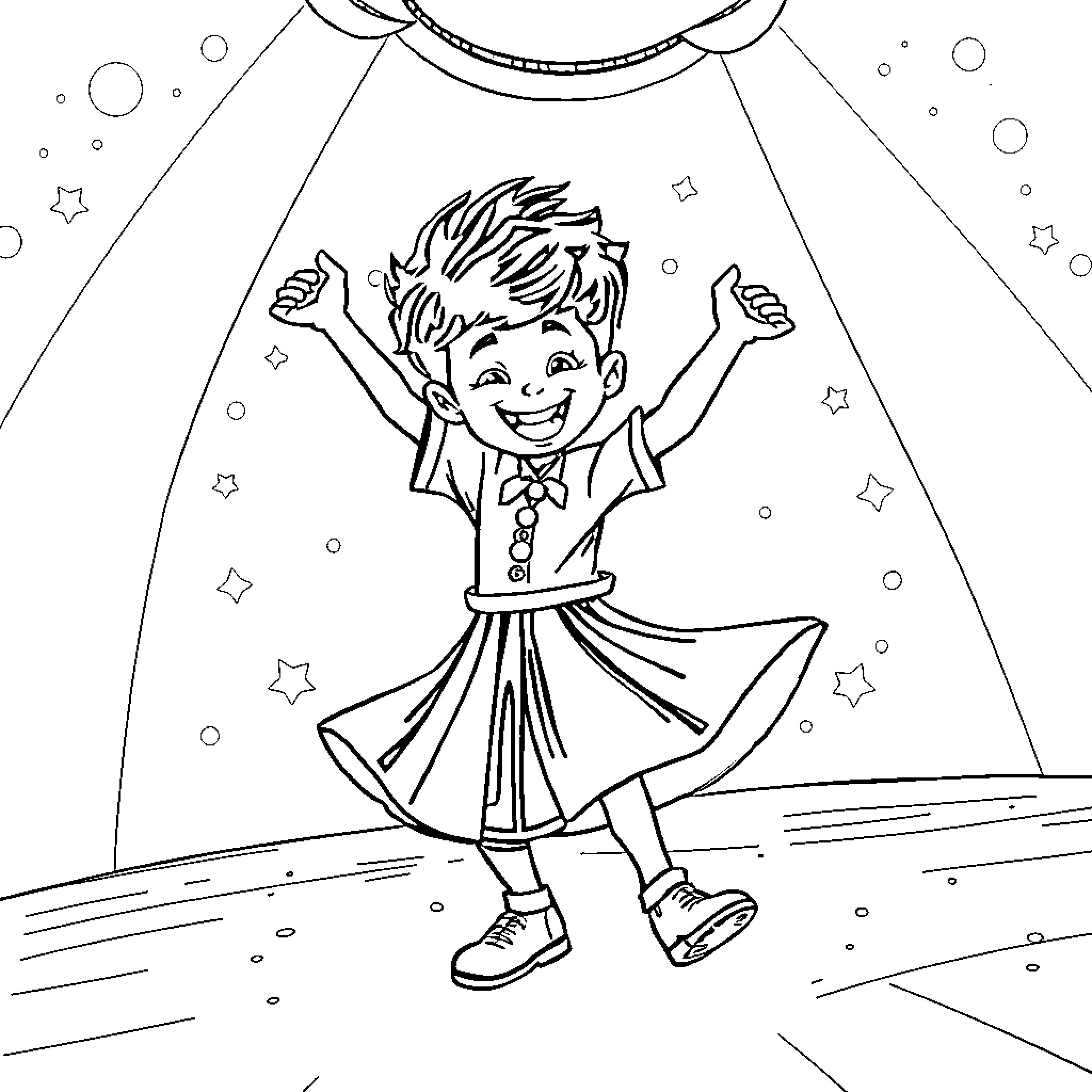Kid joyfully dancing on the stage Coloring Page (free black-and-white line drawing printable PDF for all, from beginners to advanced learners, including children, teens, adults, and seniors)