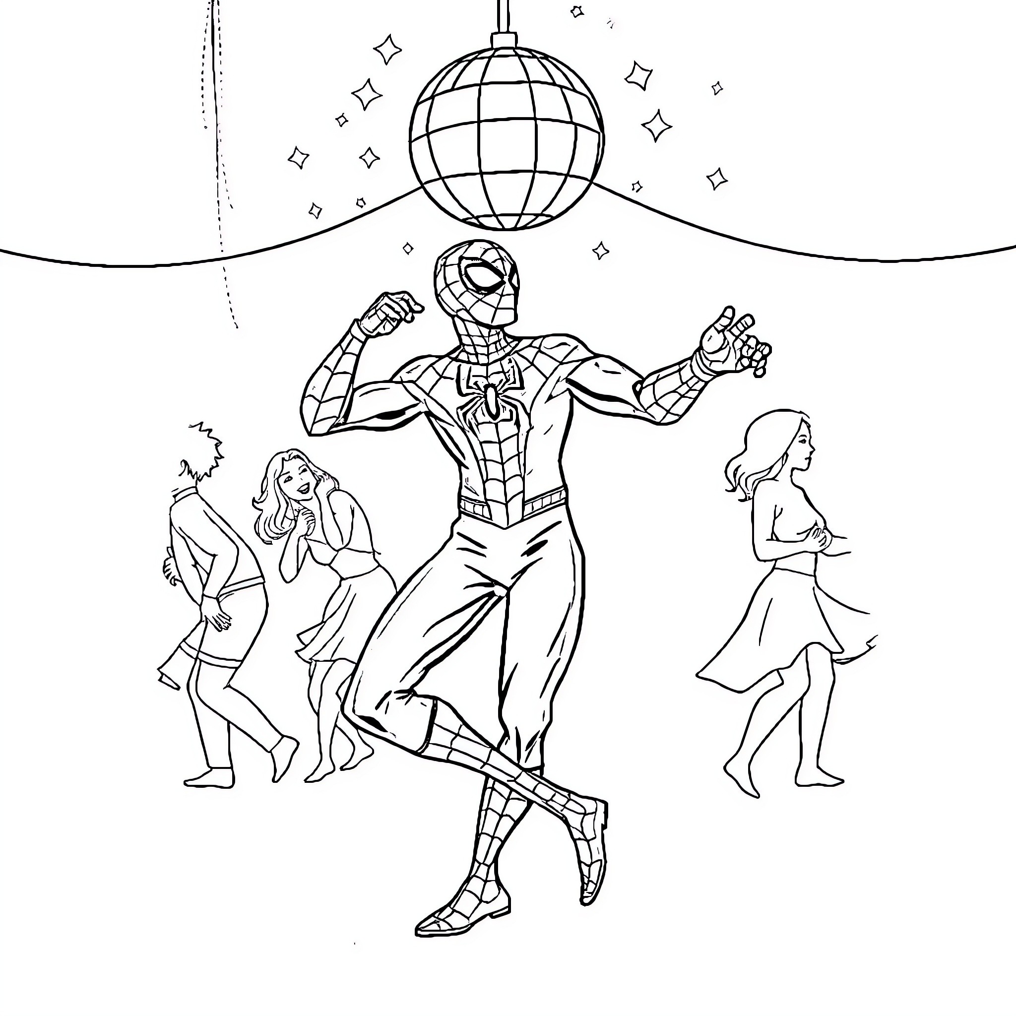 Spiderman entertaining people at a disco party Coloring Page (free black-and-white line drawing printable PDF for all, from beginners to advanced learners, including children, teens, adults, and seniors)