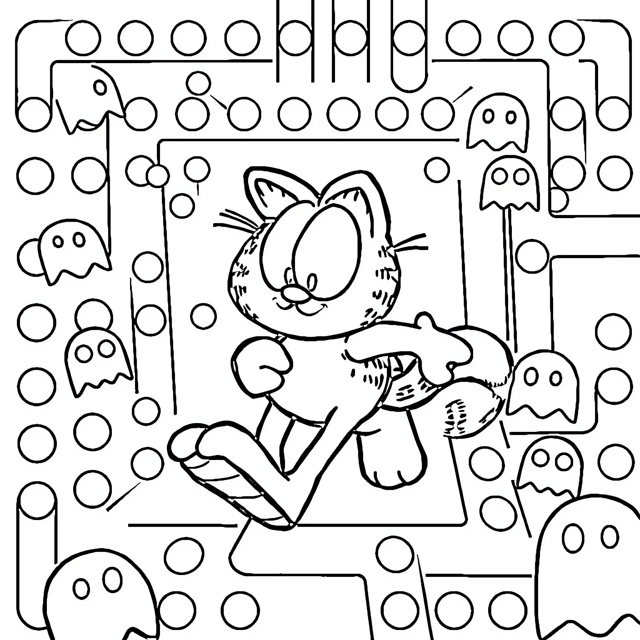 Garfield in a Ghostly Playground Coloring Page (free black-and-white line drawing printable PDF for all, from beginners to advanced learners, including children, teens, adults, and seniors)