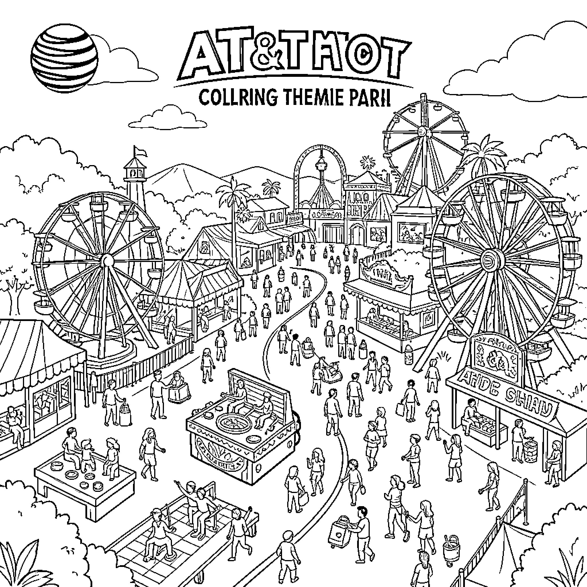 AT&T Lively Carnival Scene with Rides and People Coloring Page (free black-and-white line drawing printable PDF for all, from beginners to advanced learners, including children, teens, adults, and seniors)