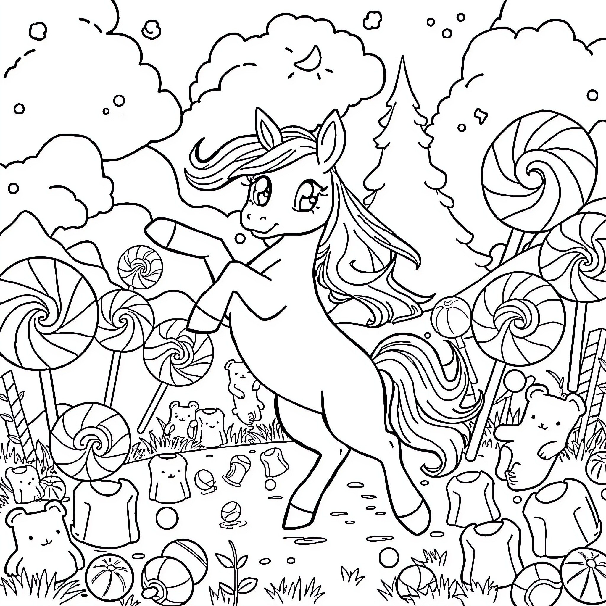 Pony exploring a candy-filled wonderland Coloring Page (free black-and-white line drawing printable PDF for all, from beginners to advanced learners, including children, teens, adults, and seniors)