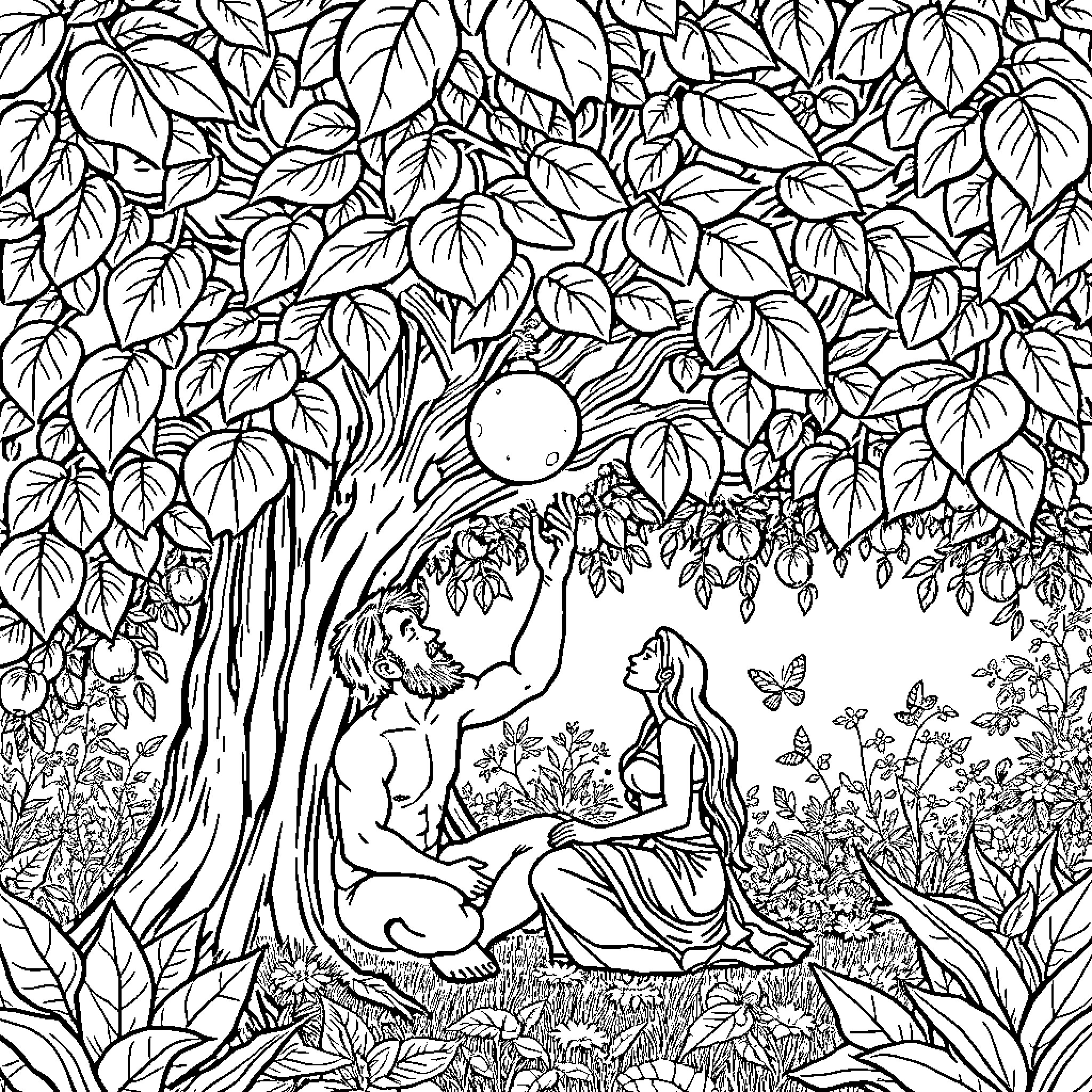 Adam and Eve in the Garden of Eden Coloring Page (free black-and-white line drawing printable PDF for all, from beginners to advanced learners, including children, teens, adults, and seniors)