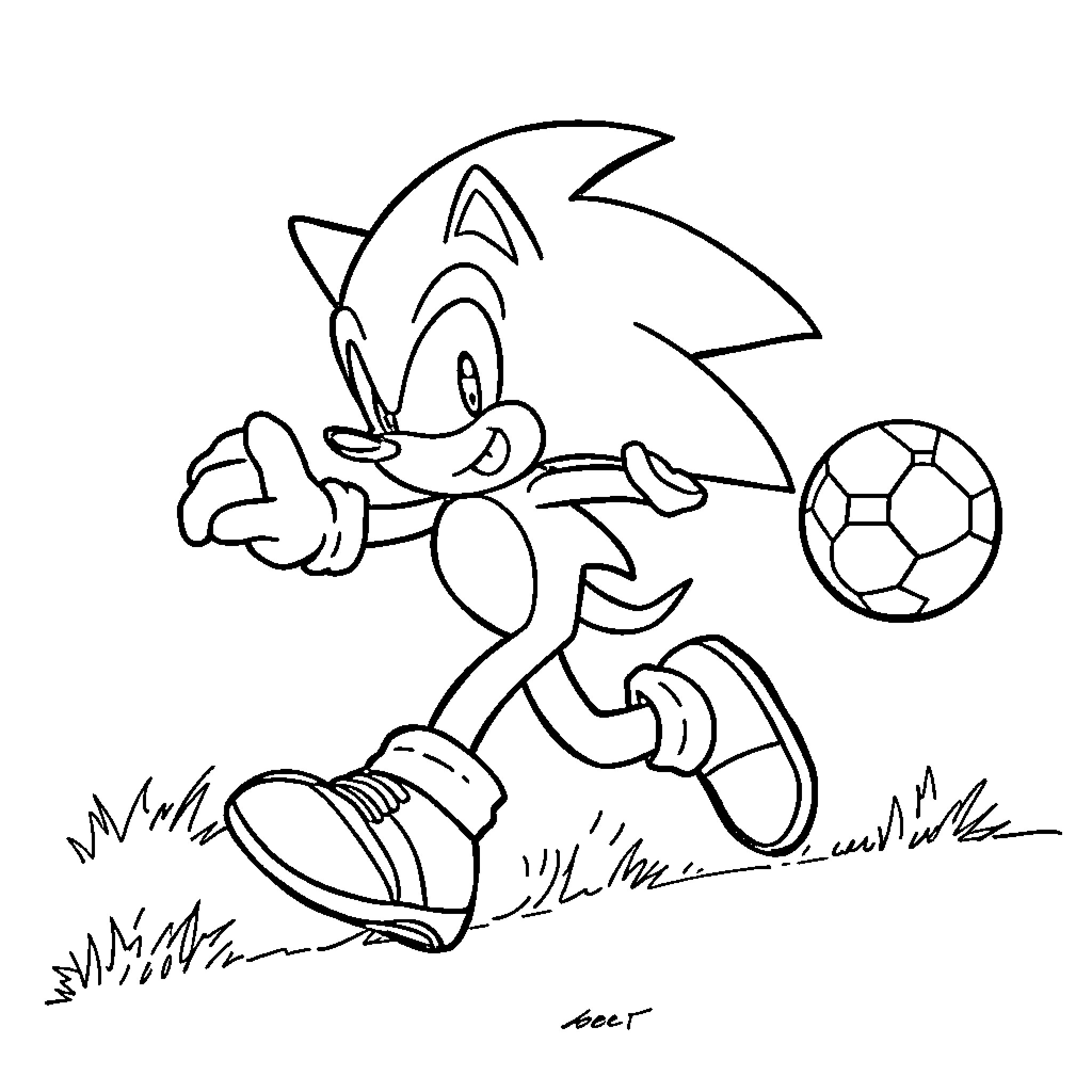 Sonic running and kicking a soccer ball Coloring Page (free black-and-white line drawing printable PDF for all, from beginners to advanced learners, including children, teens, adults, and seniors)