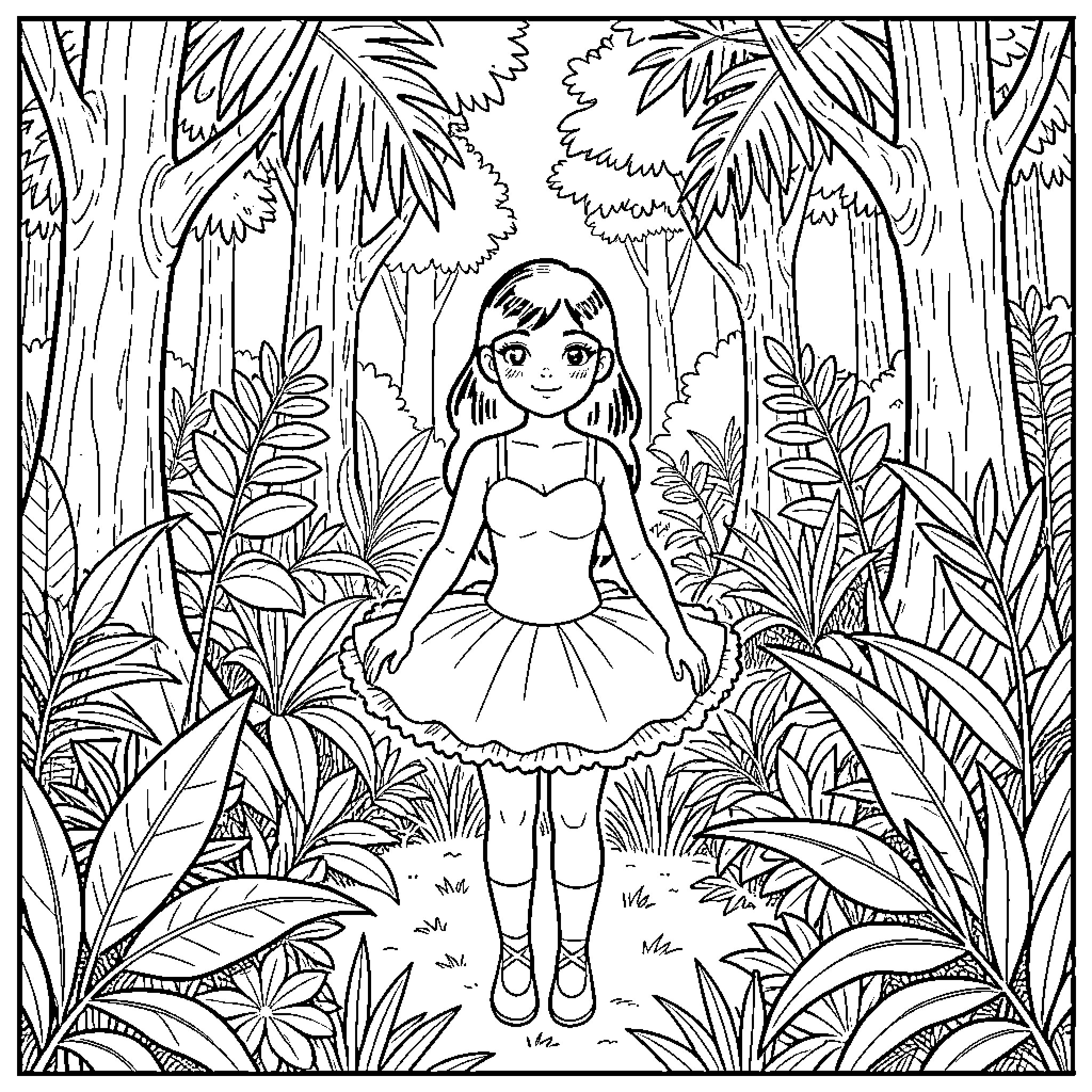 Norauto ballerina posing amidst a lush jungle scene Coloring Page (free black-and-white line drawing printable PDF for all, from beginners to advanced learners, including children, teens, adults, and seniors)