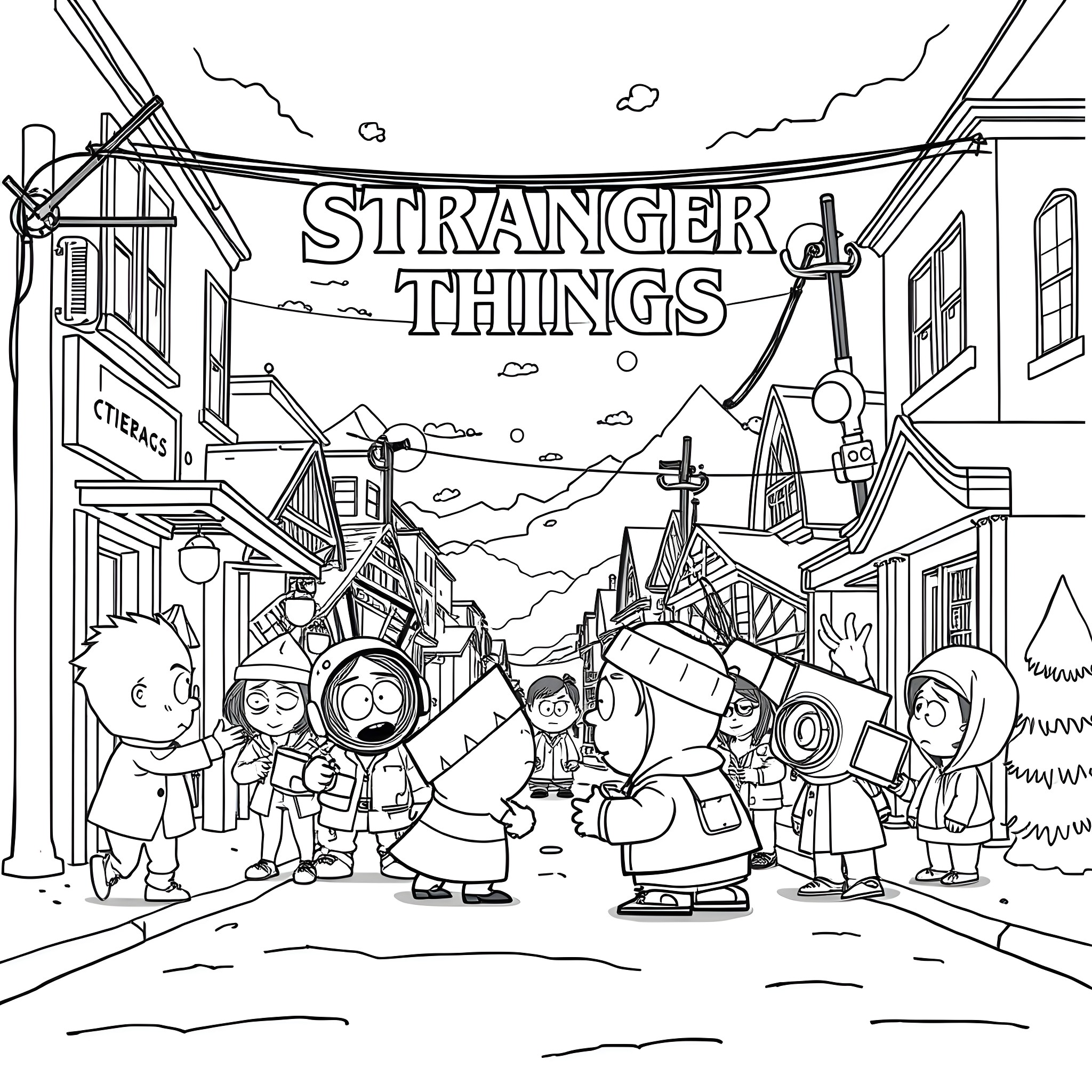 Stranger Things group gathered on a street scene Coloring Page (free black-and-white line drawing printable PDF for all, from beginners to advanced learners, including children, teens, adults, and seniors)