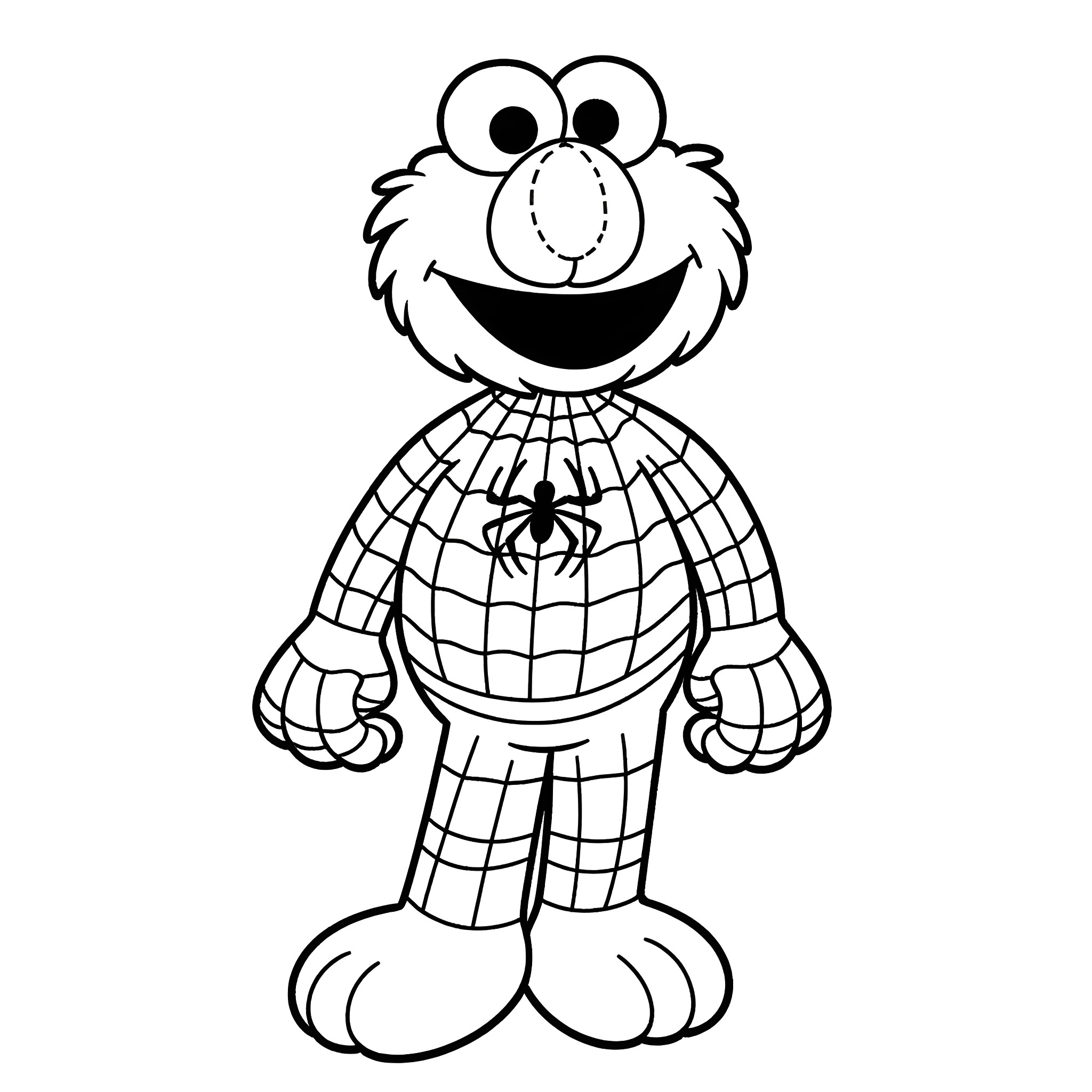 Elmo dressed as a spider in a playful pose Coloring Page (free black-and-white line drawing printable PDF for all, from beginners to advanced learners, including children, teens, adults, and seniors)