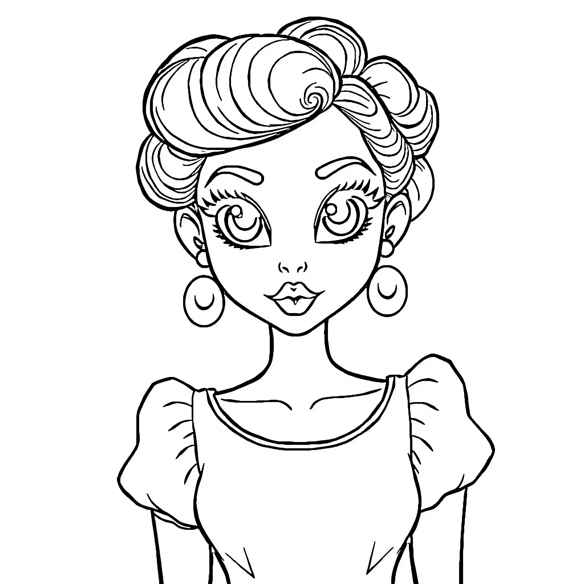 Woman with stylized hairstyle and expressive features Coloring Page (free black-and-white line drawing printable PDF for all, from beginners to advanced learners, including children, teens, adults, and seniors)