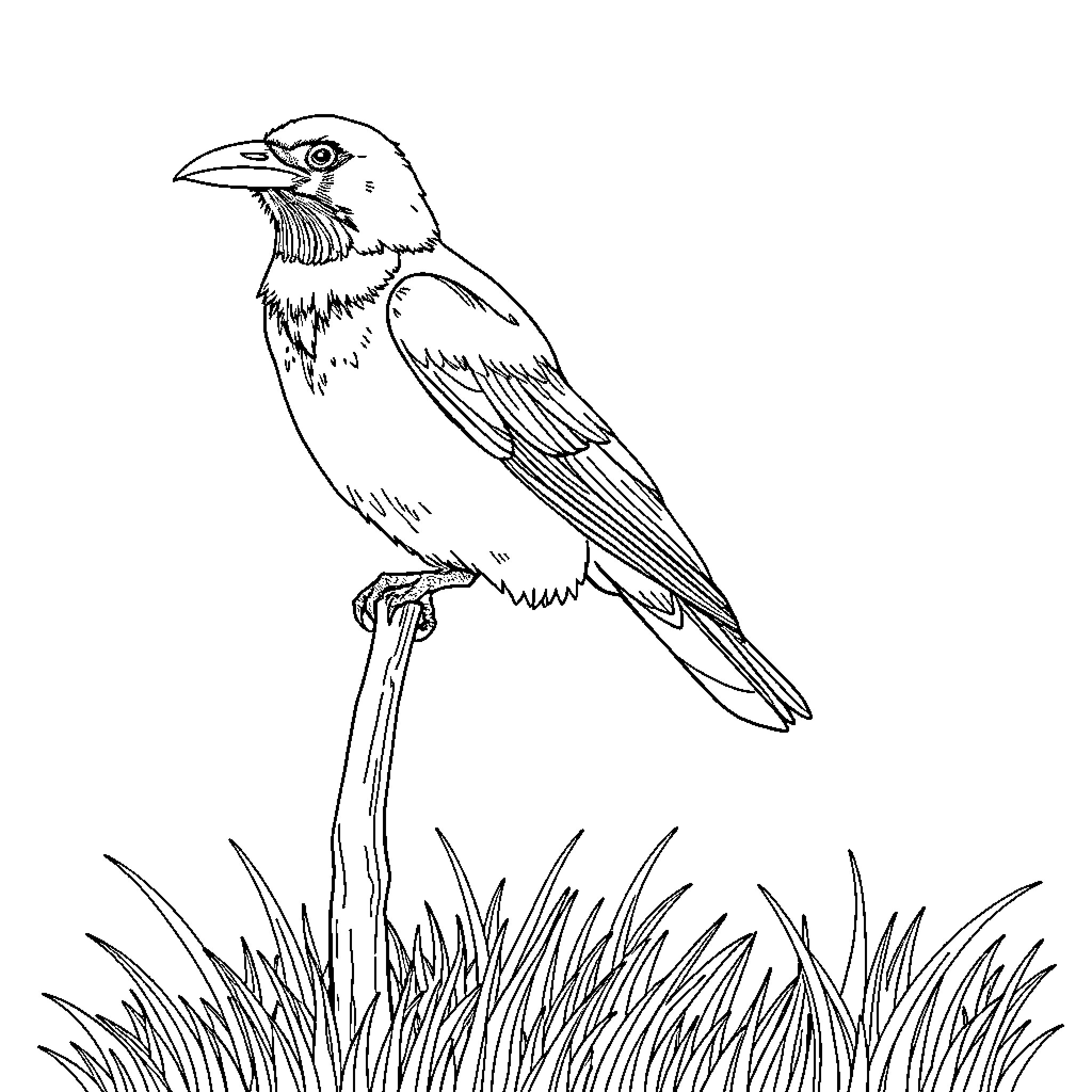 Crow perched on a branch in the grass Coloring Page (free black-and-white line drawing printable PDF for all, from beginners to advanced learners, including children, teens, adults, and seniors)