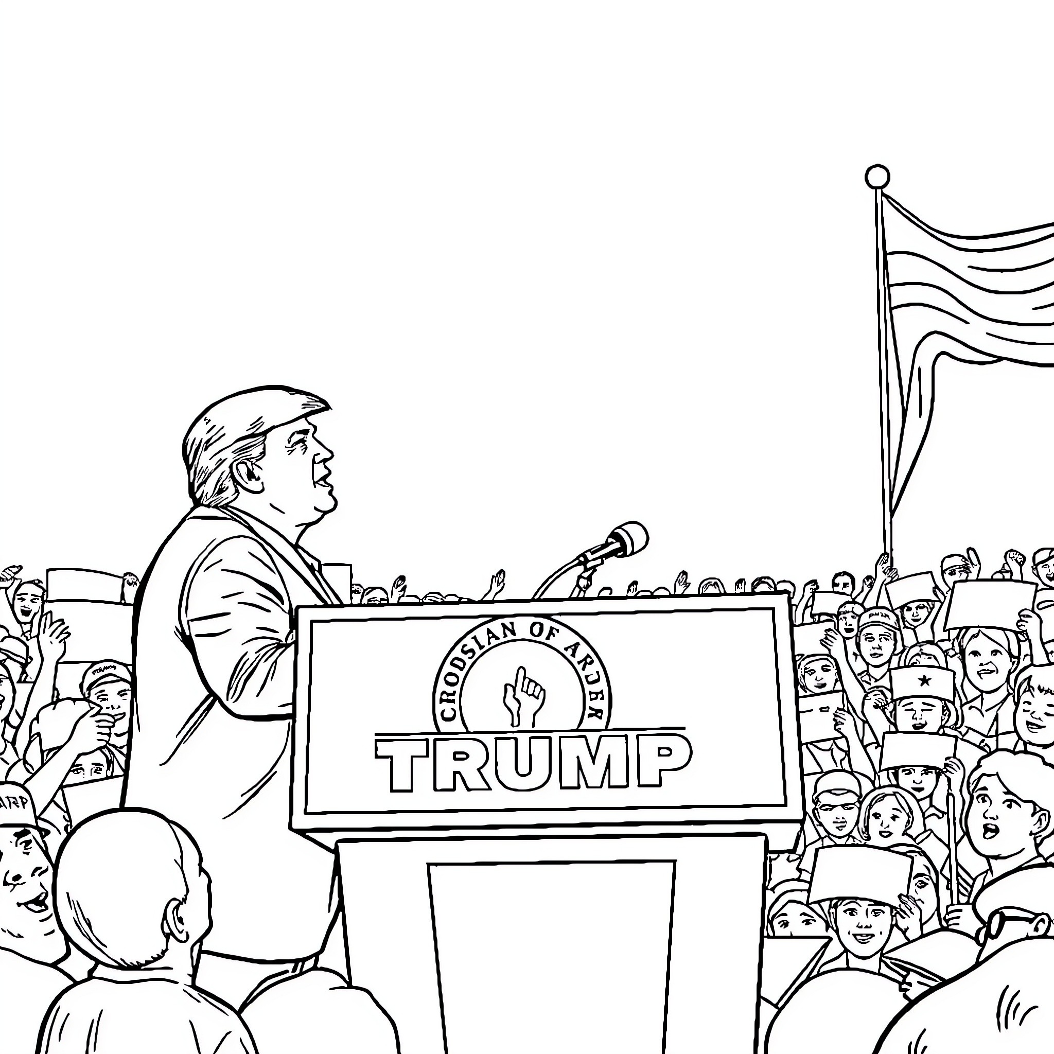Trump addressing enthusiastic supporters at a campaign rally Coloring Page (free black-and-white line drawing printable PDF for all, from beginners to advanced learners, including children, teens, adults, and seniors)